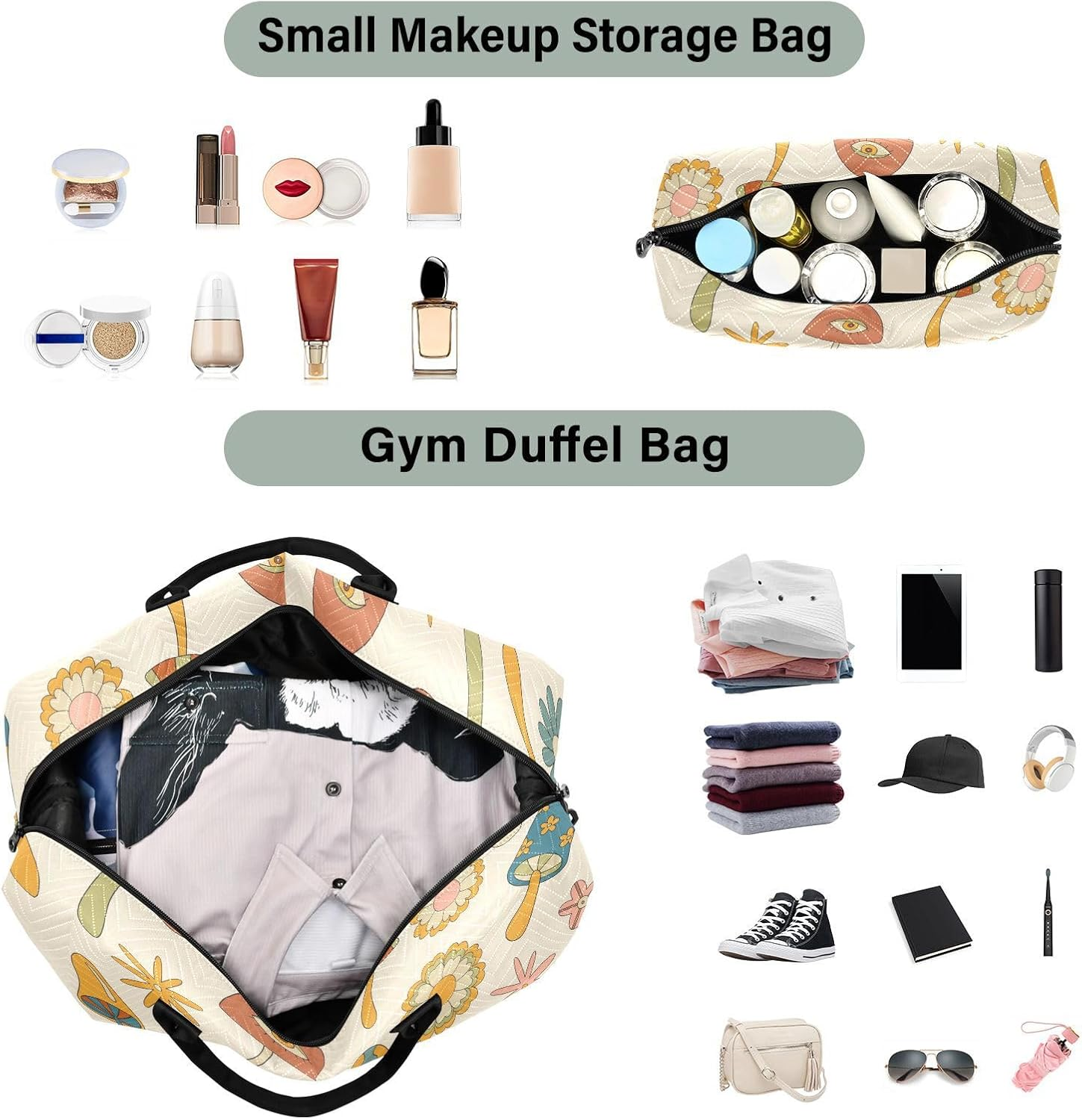 Oversized Travel Duffel Bag Travel Weekender Gear Bag Retro Woodland Mushrooms Flowers Gym Tote Bag with Adjustable, Retro Woodland Mushrooms Flowers, Set of 2, Art Deco image number 2