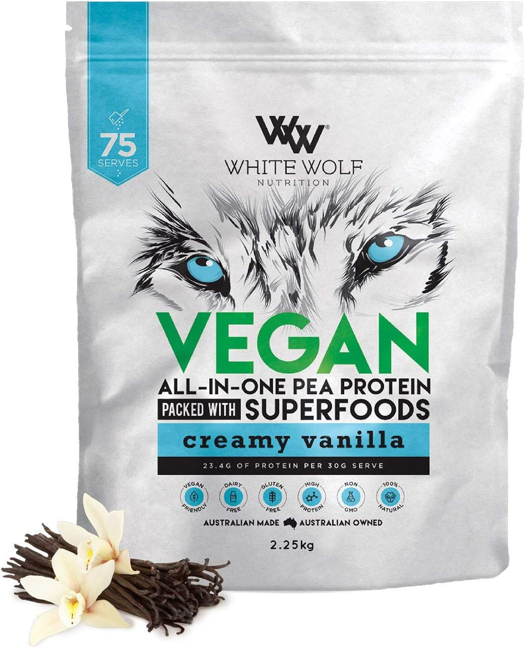 White Wolf Nutrition Vegan Superfood Protein Blend 2.25Kg 75 Serves Creamy Vanilla