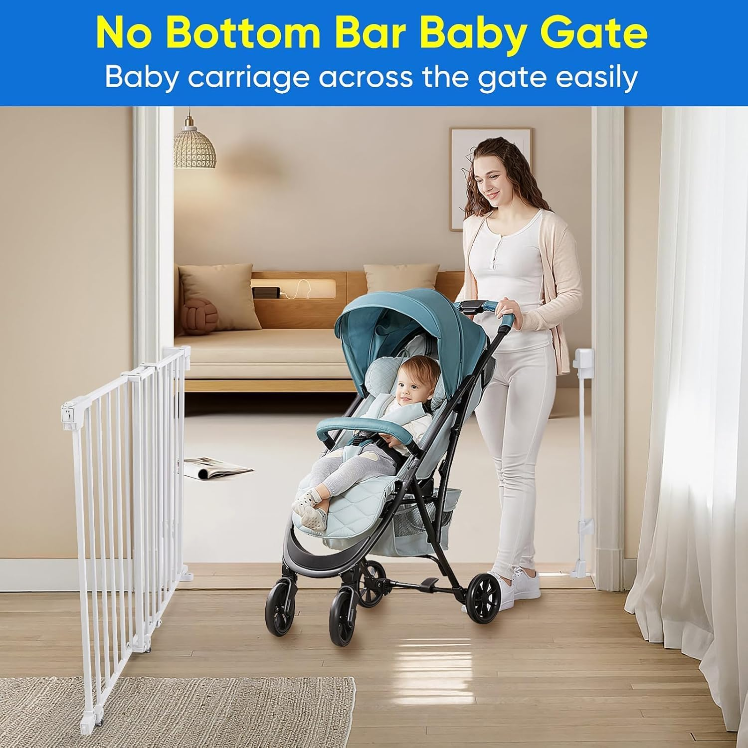 Upgraded 75-110Cm No Bottom Bar Baby Gate, Heavy-Duty Hardware Mount Dog Gate, Adjustable Baby Gate, for House/Stairs/Doorways Use, Safety Pet Gates, Walk Thru Door, Two Way Open image number 6