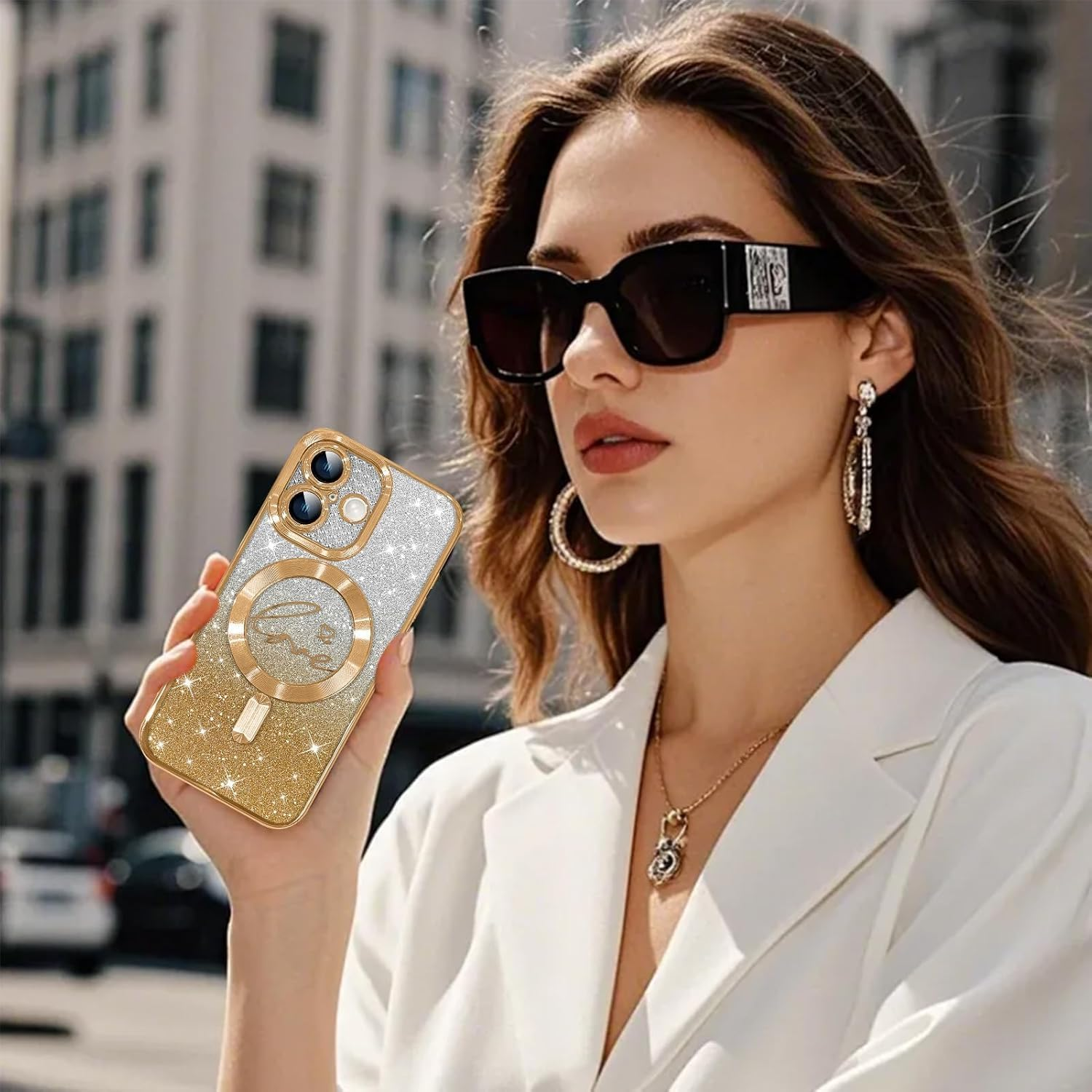 ELEPIK for Iphone 17 Case with Camera Protector, [Full Camera Cover Protection] [Compatible with Magsafe] [Love Heart Plating] [Glitter Bling Plating] Clear Magnetic Slim Phone Case, Gold image number 4
