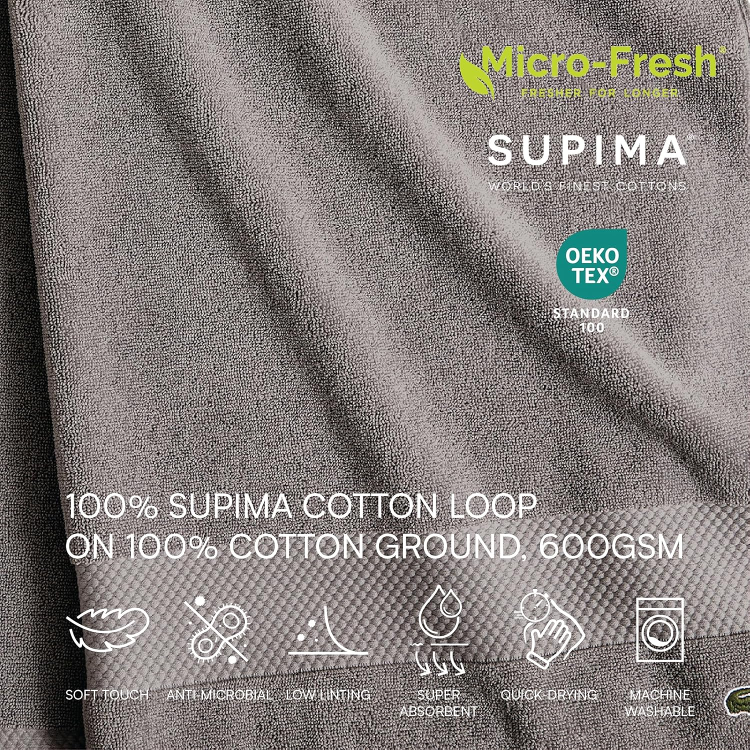 Lacoste Heritage Supima Cotton Bath Towel, Meteorite, 30" X 54" image number 2