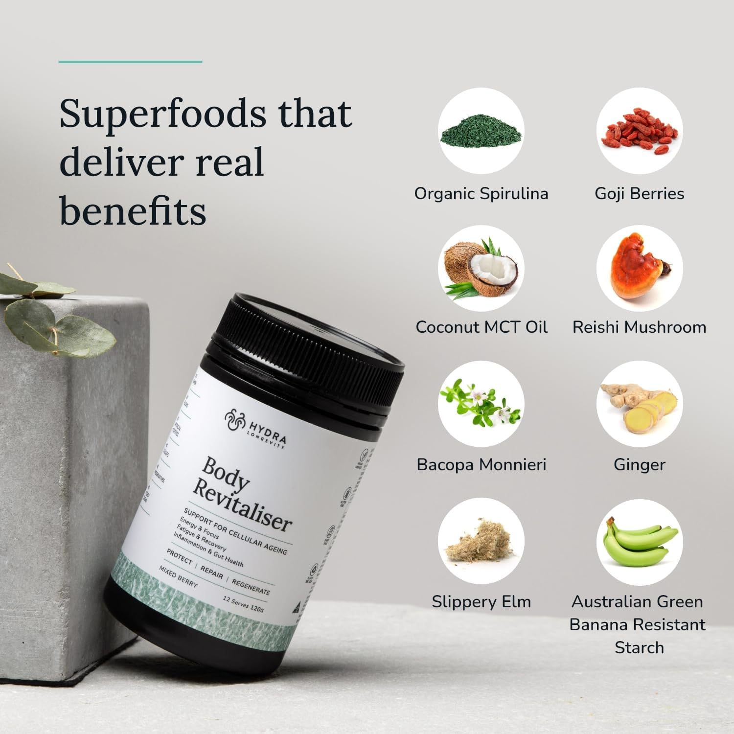Body Revitaliser Organic Superfood Powder Health Supplement, 49 Ingredient Smoothie Mix with Prebiotics, Chlorella, Reishi, Vegan, Non-Gmo, Gluten-Free 120 Grams (12 Servings) image number 5
