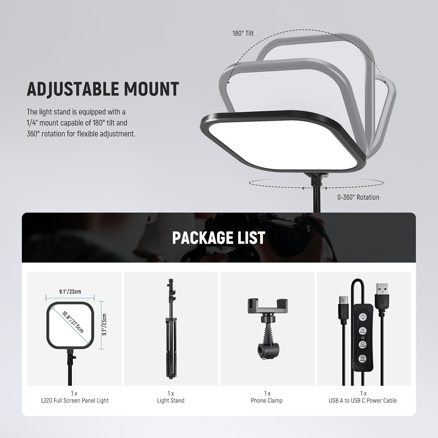 NEEWER 15W 10.8" LED Video Light Panel Lighting Kit with 63" Tripod Stand/Phone Holder, Edge Lit Bi Color Dimmable Full Screen Light 816Lux CRI95+ for Photography Filming Recording Streaming, L220 image number 6