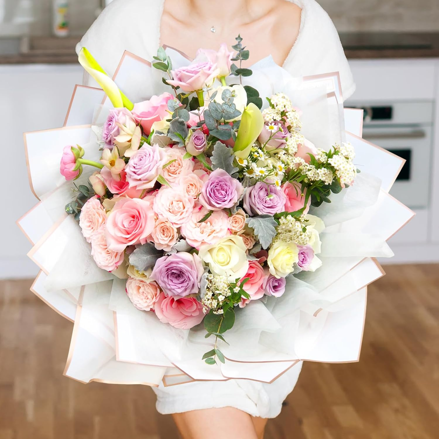 ZORRITA 20 Sheets White Flower Wrapping Paper with Rose Gold Edge, 22.8 X 22.8 Inch, Waterproof, Ideal for Floral Arrangements, Gift Wrapping, Party Decorations image number 6