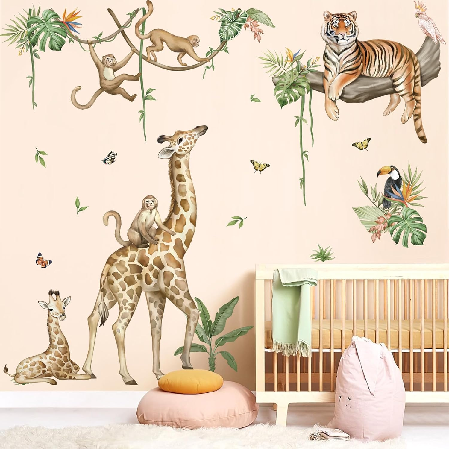 Wondever Large Jungle Animal Tree Branch Wall Stickers Safari Giraffe Tiger Monkey Peel and Stick Wall Art Decals for Baby Nursery Kids Bedroom Playroom image number 1
