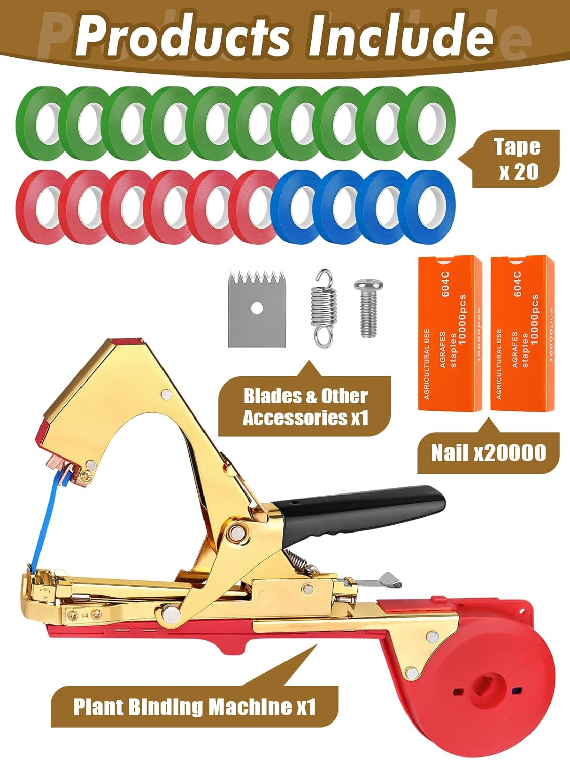Plant Tying Machine with 20 Rolls of Tape, 2 Box Staples, EBANKU Machine Garden Tape Tool for Grapes, Raspberries, Tomatoes, Vegetables and Flower Planting image number 1