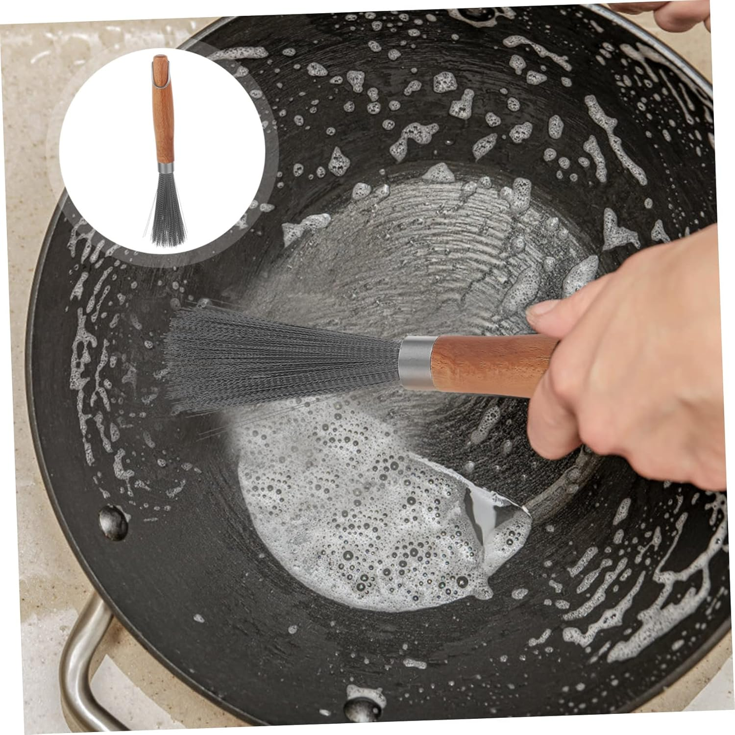 Ifundom Stainless Steel Scrubber Wood Handle Cookware Brush for Outdoor Grill and Kitchen Pan Cleaning Multi-Use Small Dish Scraper Tool Sturdy Metal Kitchen Scrubber image number 2