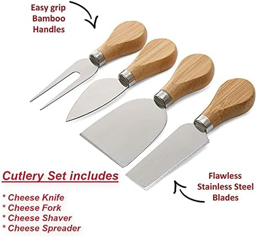 Cheese Board Set with 4Pcs Knives and Fork, Serving Tray with Hidden Slide-Out Drawer for Cutlery and Space for Crackers and Snacks, Bamboo Charcuterie Cutting Plate with Tools - House Warming Gift image number 1