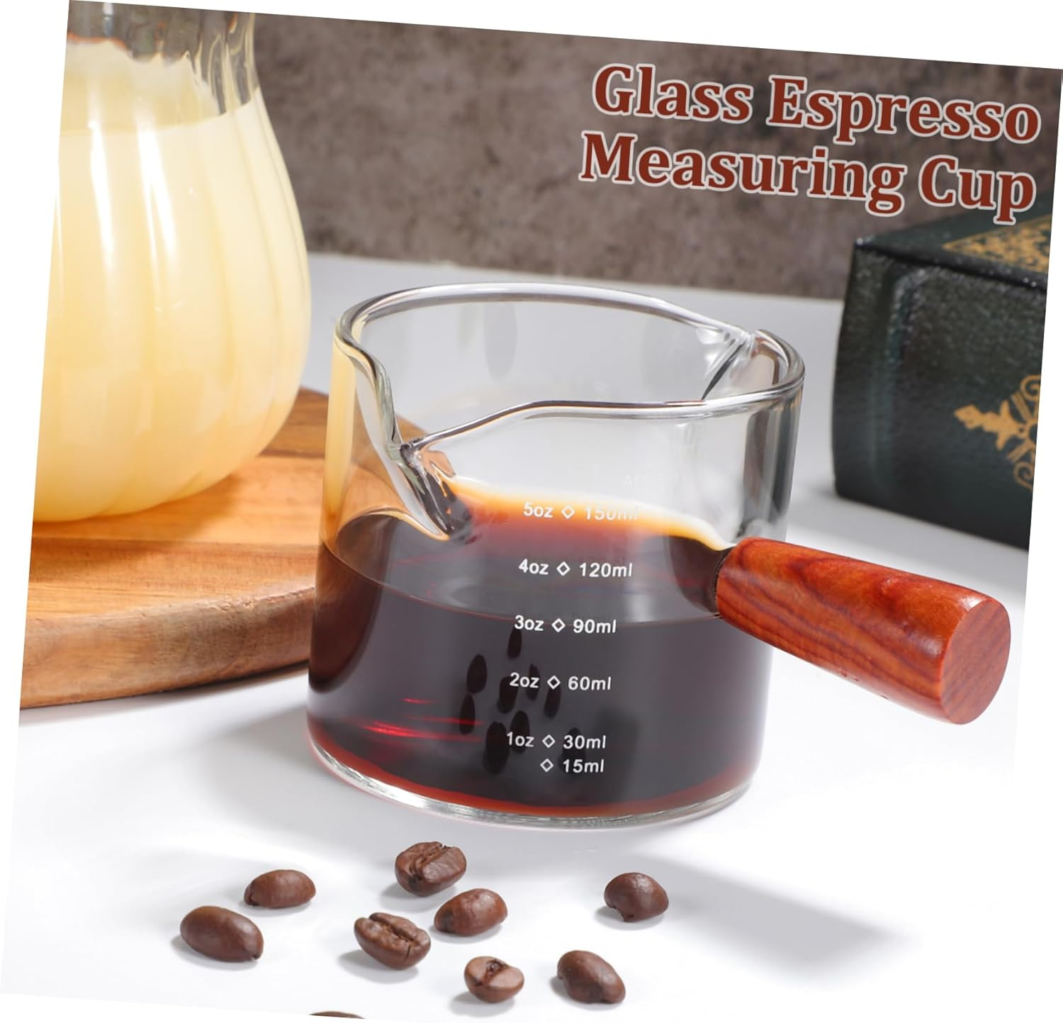 MOTHNUR 2 Pcs Espresso Glass Measuring Cups with Wooden Handles Dual Spout Pitchers for Coffee Creamer Milk Precise Graduated Design for Home Office Coffee Shop Use image number 3