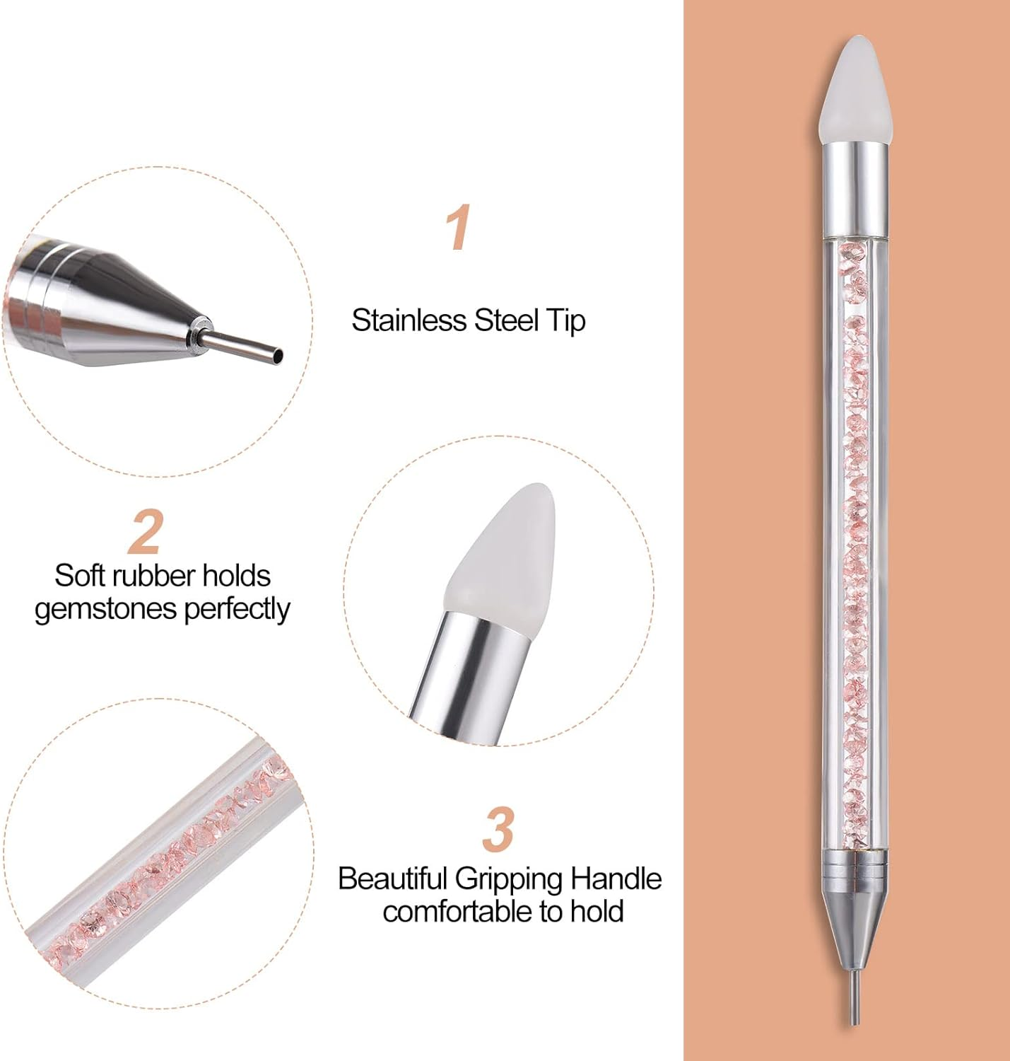 RAYWE 1PC Dual-Ended Nail Rhinestone Picker Silicone Tip Pencil Pick up Applicator Dual Tips Tip Dotting Pen Beads Gems Crystals Studs Picker with Acrylic Handle Manicure Nail Art Tool image number 1