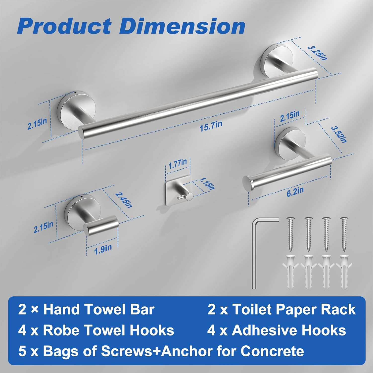 Bluefire 12-Piece Bathroom Hardware Set, Wall Mounted Bathroom Accessories Set Towel Bars for Bathroom Towel Holder Set with 2 Paper Tower Holders 2 Towel Bars 4 Adhesive Hooks 4 Towel Hooks(Sliver) image number 2