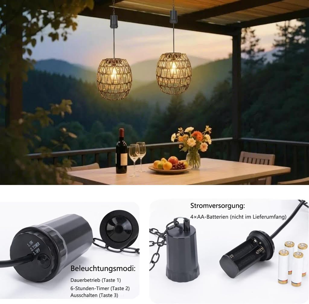 Pearlstar Hanging Lamp with Battery, Battery Operated Rattan Lamp, Hanging 6 Hour Timer, Outdoor Indoor Ceiling Light, Lantern Pendant Light for Patio, Garden, Patio, Living Room, Bedroom image number 1