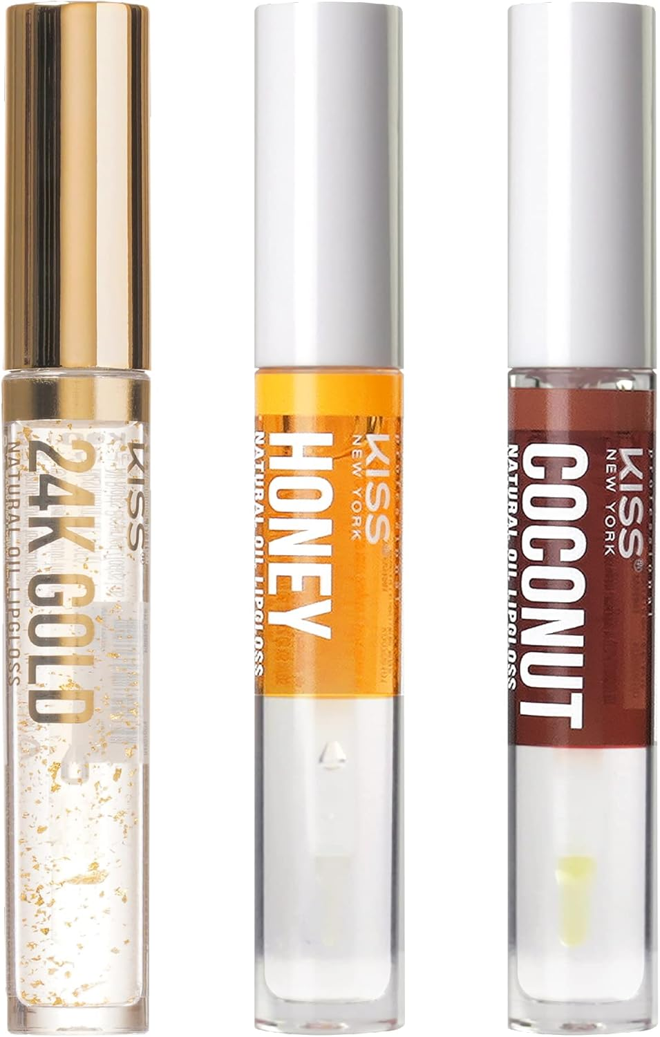 Kiss New York 3 PACK Lip Oil Gloss, Hydrating Non-Sticky Lip Oil, 100% Natural Oil Clear Lip Gloss, Lightweight Lip Moisturizer (Gold & Honey & Coconut) image number 1