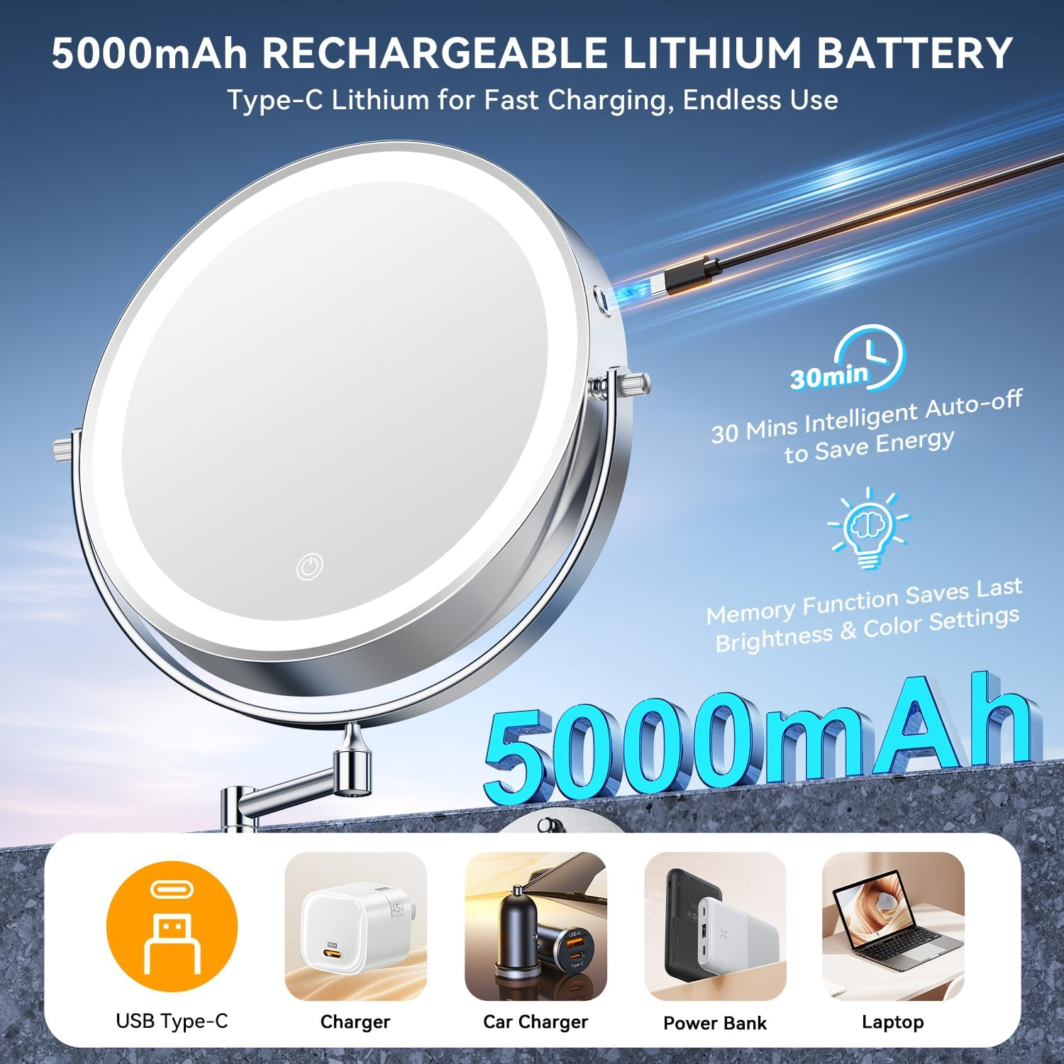 Auxmir Make-Up Mirror with Light, 1X/30X Rechargeable Make-Up Mirror Shaving Mirror Wall Mount, 5000 Mah Double-Sided Magnifying Mirror with 3 Light Colours, Touch Screen image number 1