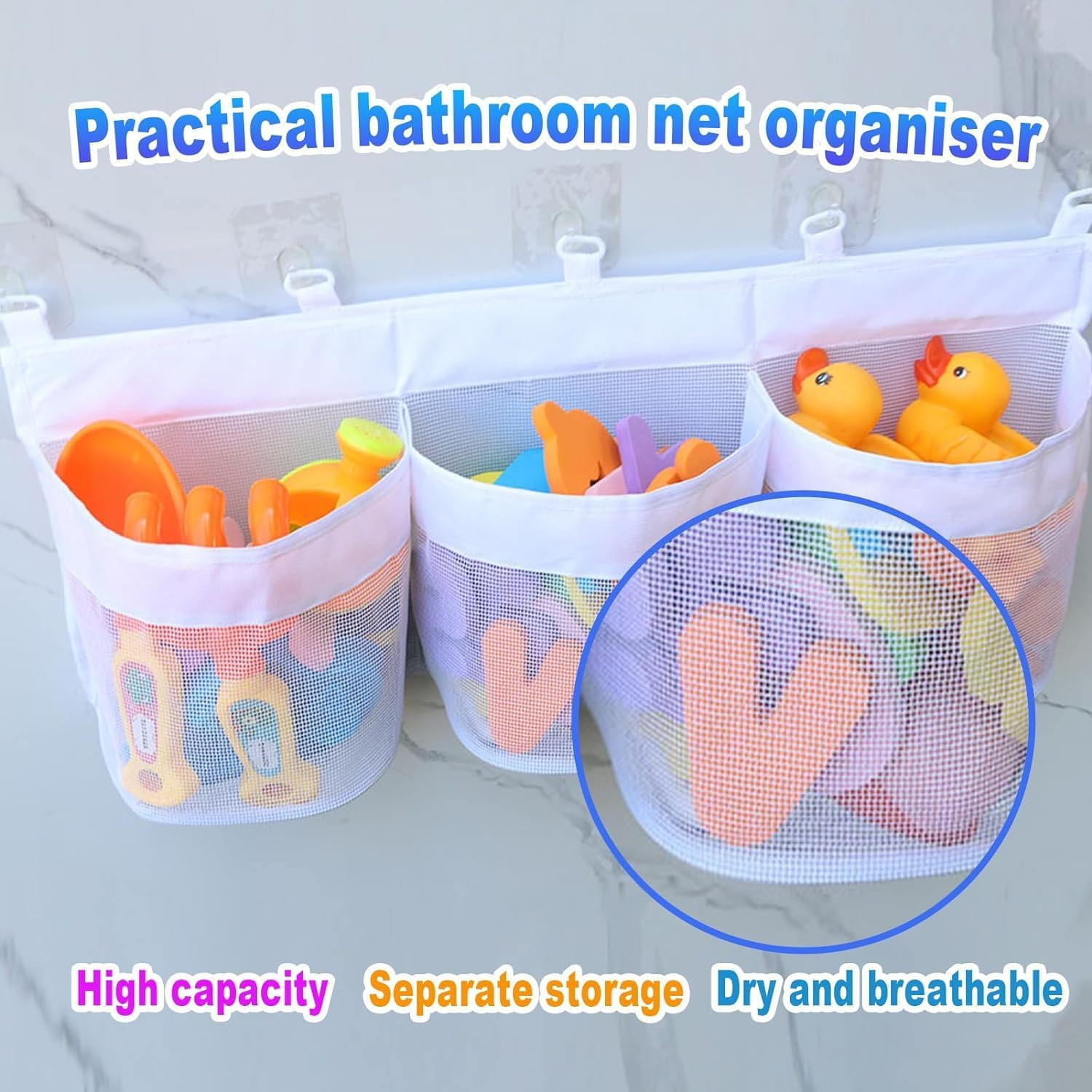 Toy Storage Bags, Hanging Bath Toy Storage Basket, Bath Toy Mesh Bag Bathtub Toy Bag with 5 Ultra Strong Hooks, Bath Toy Holder for Storage and Sorting of Baby Bath Toys (60X25Cm) image number 1