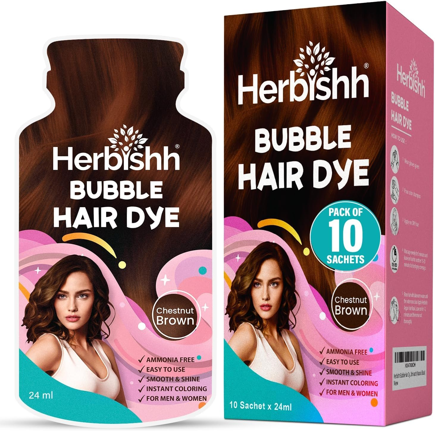 Herbishh Bubble Foam Hair Dye Shampoo, 3 in 1 Dye for 100% Grey Coverage, Permanent Hair Coloring for Men & Women, Long-Lasting & Travel-Friendly, Ammonia-Free, 10 Sachet X 24 Ml (Chestnut Brown) image number 1