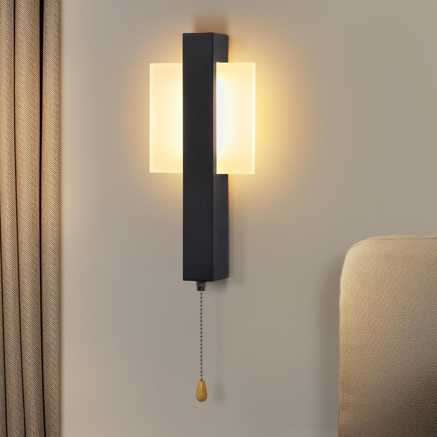 ZMH Indoor LED Wall Sconce with Switch - Black Modern Design with Pull Switch, Warm White 3000K, Square, Iron and Acrylic, 6W