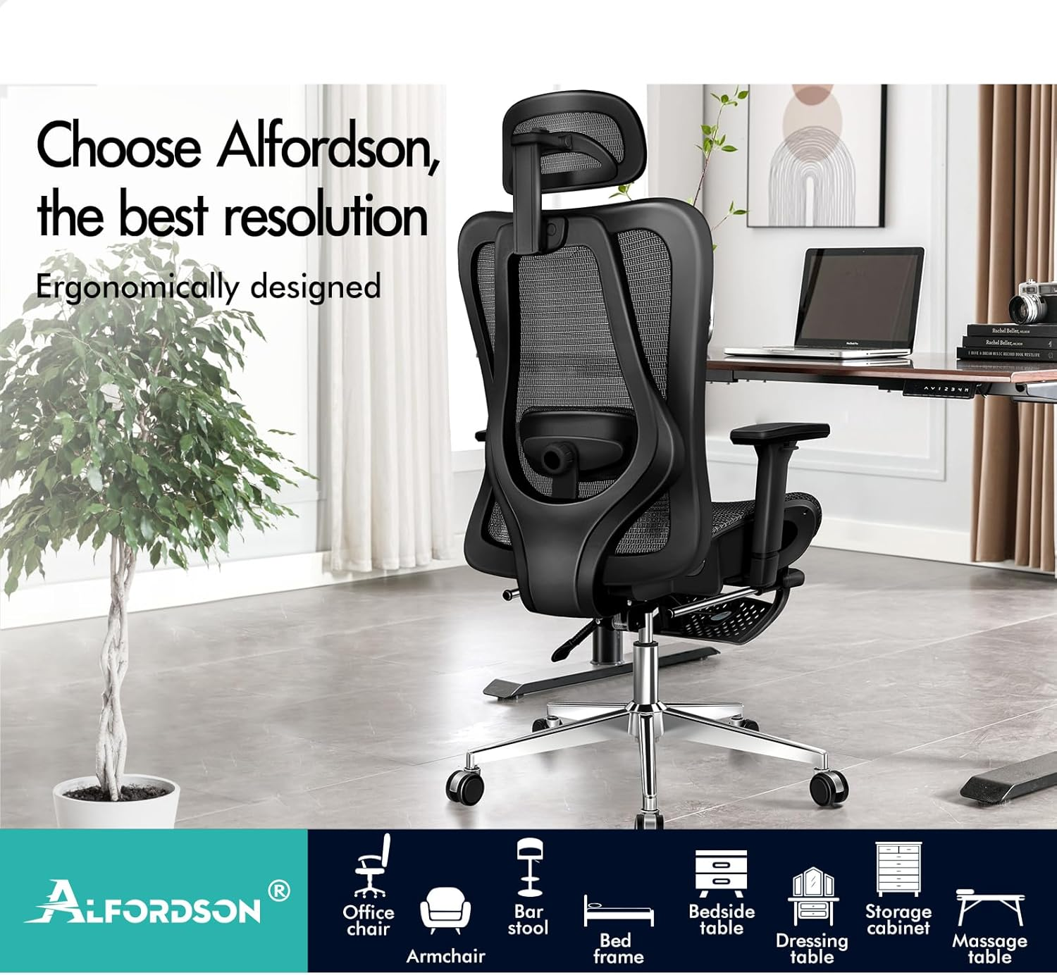 ALFORDSON Ergonomic Mesh Office Chair with 3D Armrest, Executive Study Computer Chair with Adjustable Headrest & Footrest, Recline & Tilt Gaming Desk Chair with Adaptive Lumbar Support, Black - White Black image number 2