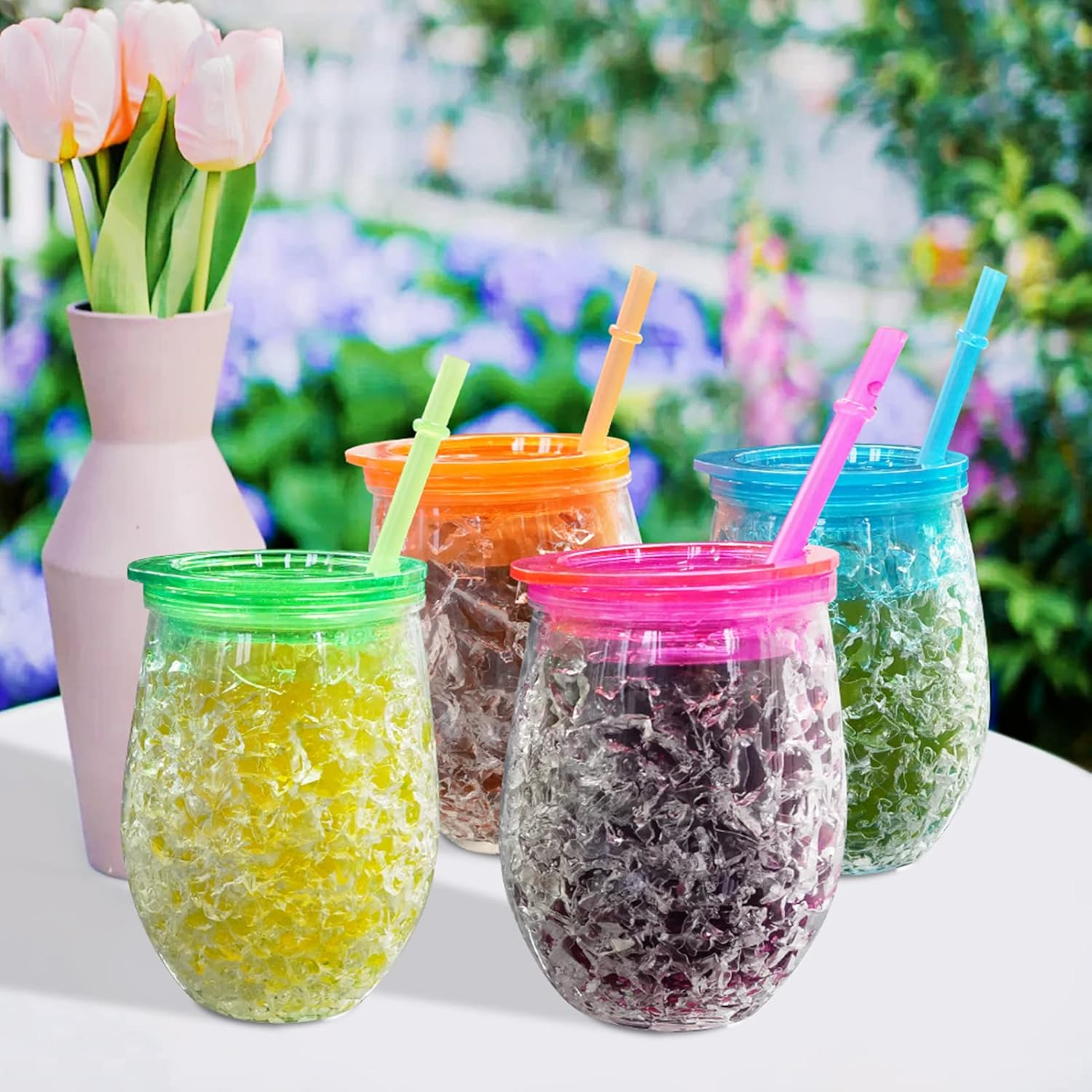 EASICOZI Cute Shape Frosty Freezer Ice Mugs with Straw Clear 11.8Oz Set of 4(Red, Green, Blue and Orange) (Oval) image number 6