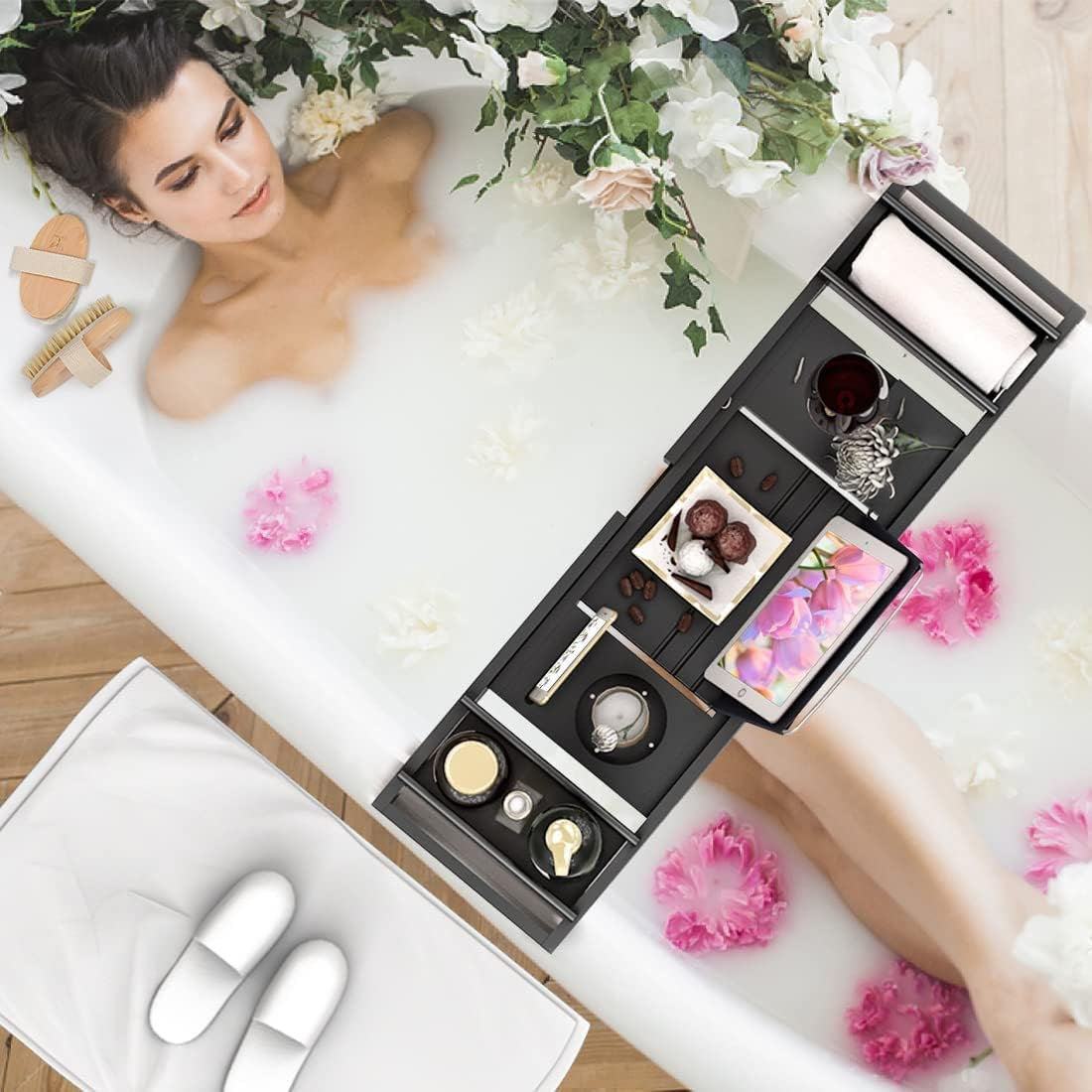 AIWFL Bath Caddy Tray, Adjustable Bathtub Tray with Book & Wine Holder, Black, Lacquered Bamboo Wood, Ideal for Relaxation image number 1