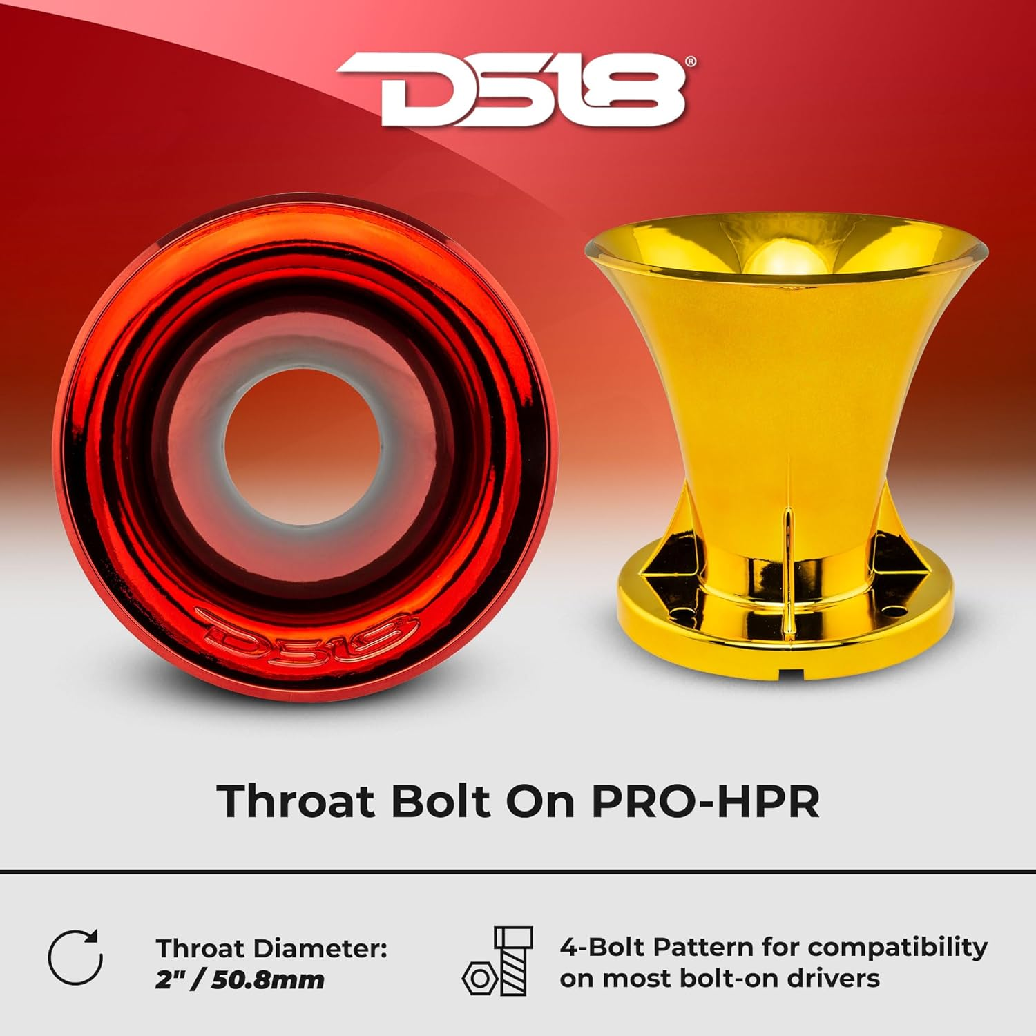 DS18 PRO-HPR/GD 2 Inch Exit Horn Waveguide, Mounting Horn Bolt on 2" No Holes, Exit Waveguide for Drivers, UV Resistant, Gold Chrome Finish image number 3