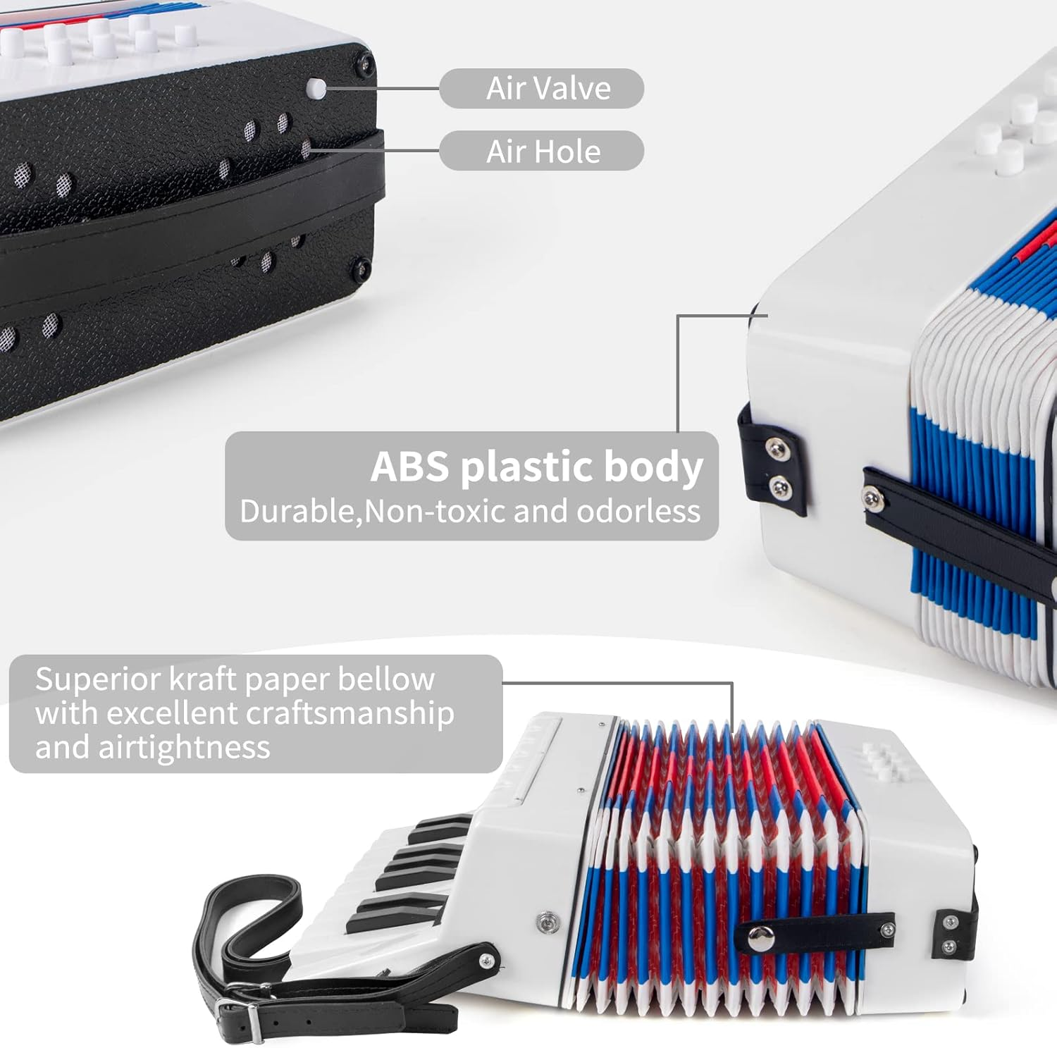 Accordion, 17 Keys Piano Accordion for Kids 8 Bass with Straps for Beginners Student Educational Musical Instrument (White) image number 1