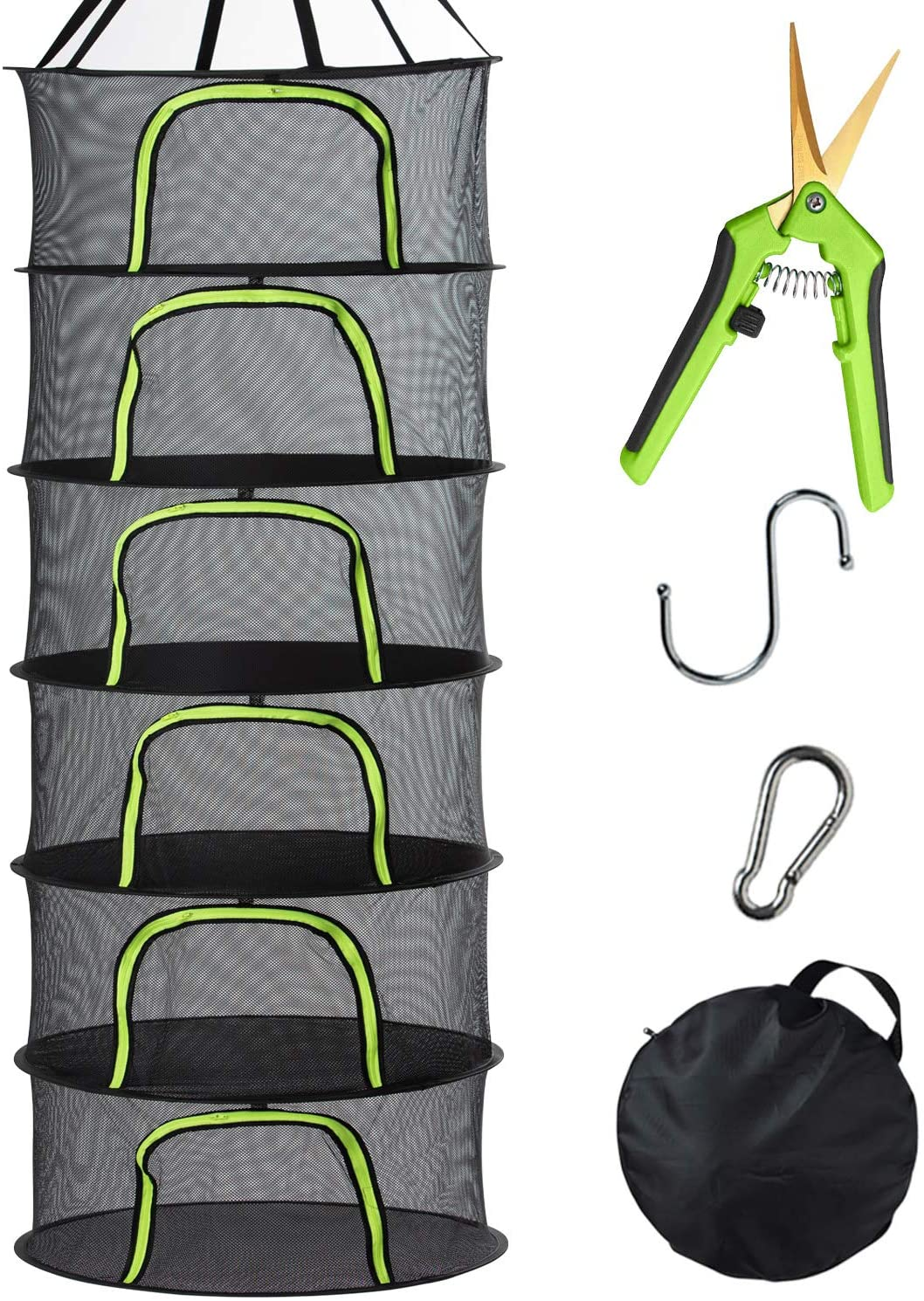 6 Tier Black Mesh Zippered Herb Drying Rack Hanging Dryer Dry Net with Pruning Shear for Hydroponics