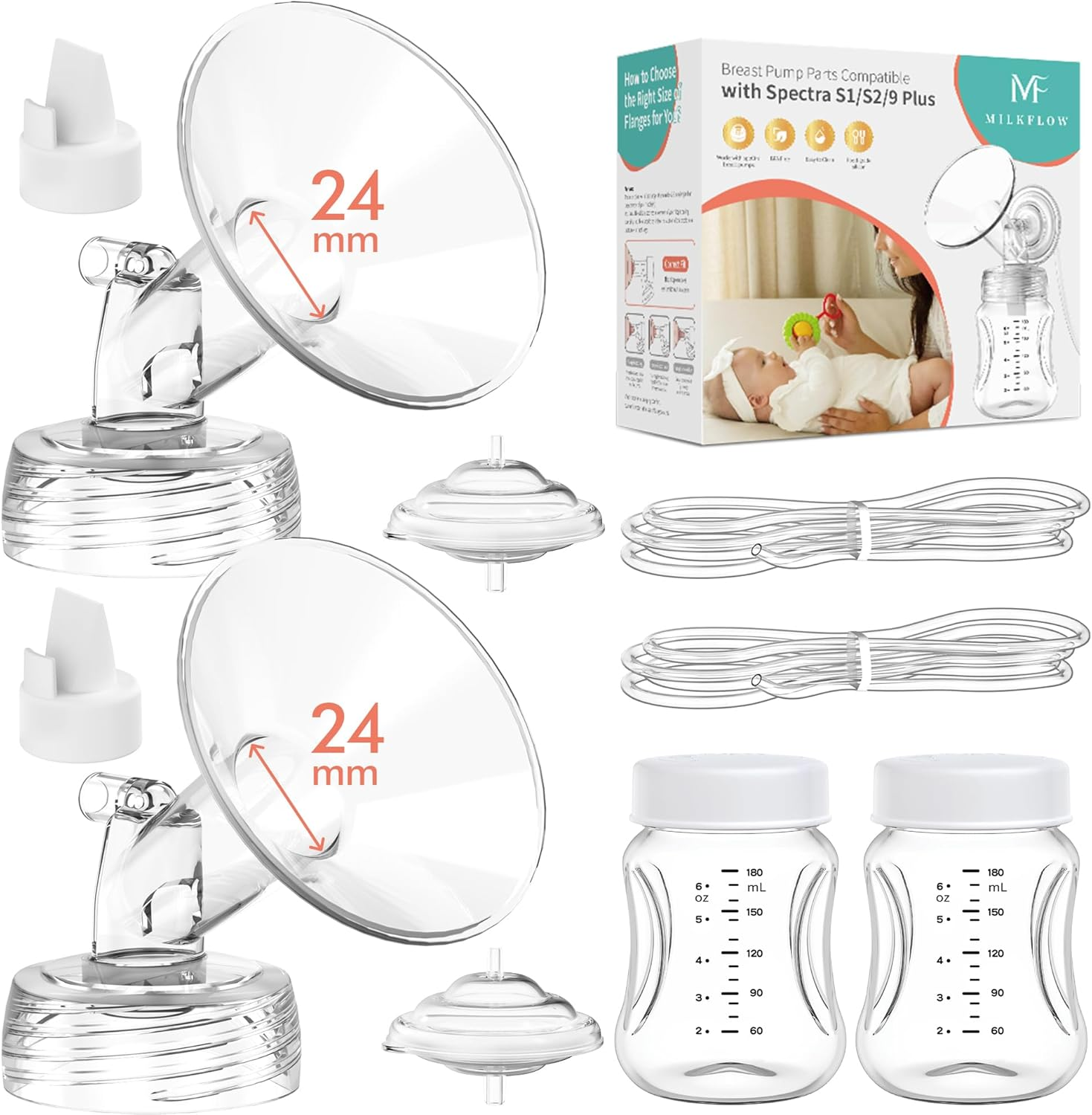 Breast Pump Parts Compatible with Spectra S1,S2,S9 Plus, Replacement Kit for Spectra Pump Parts 2PC Include 24 Mm Flange, Duckbill Valve, Tube,Bottle, Backflow Protector, Not Original Accessories image number 3