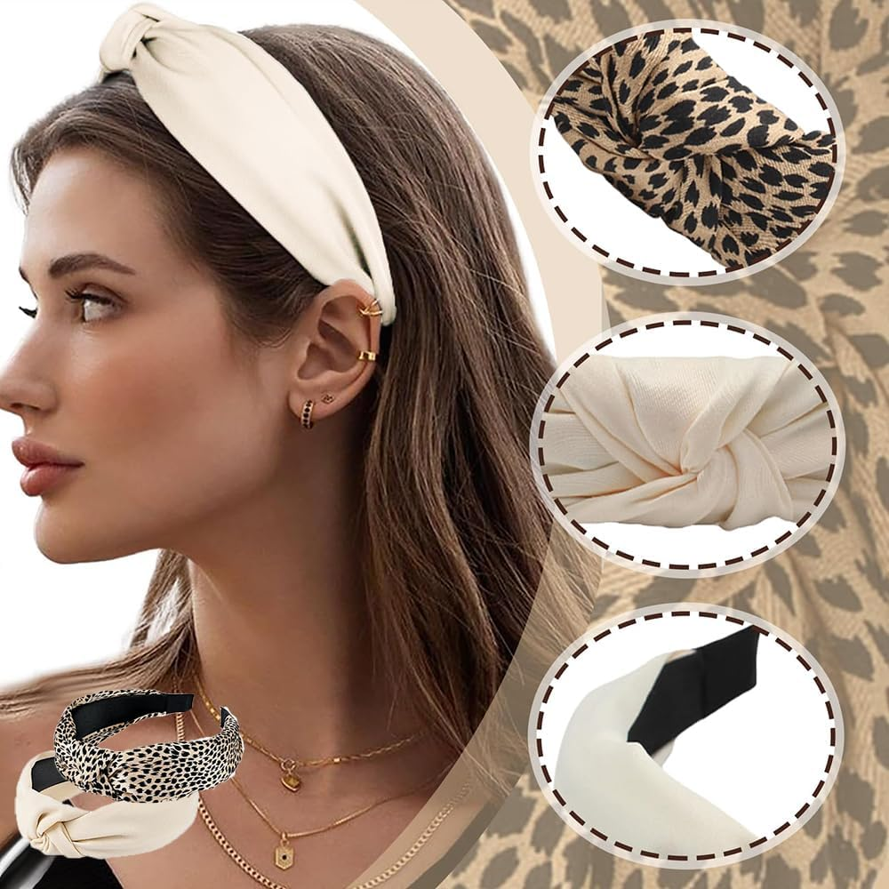 Hairbands,3 PCS Headbands for Women,Hair Bands for Women Wide Fashion Knotted Headband,Leopard Headband Non Slip Exquisite,Solid Color Elastic Hair Band Accessories,Suit for Girls and Women image number 2