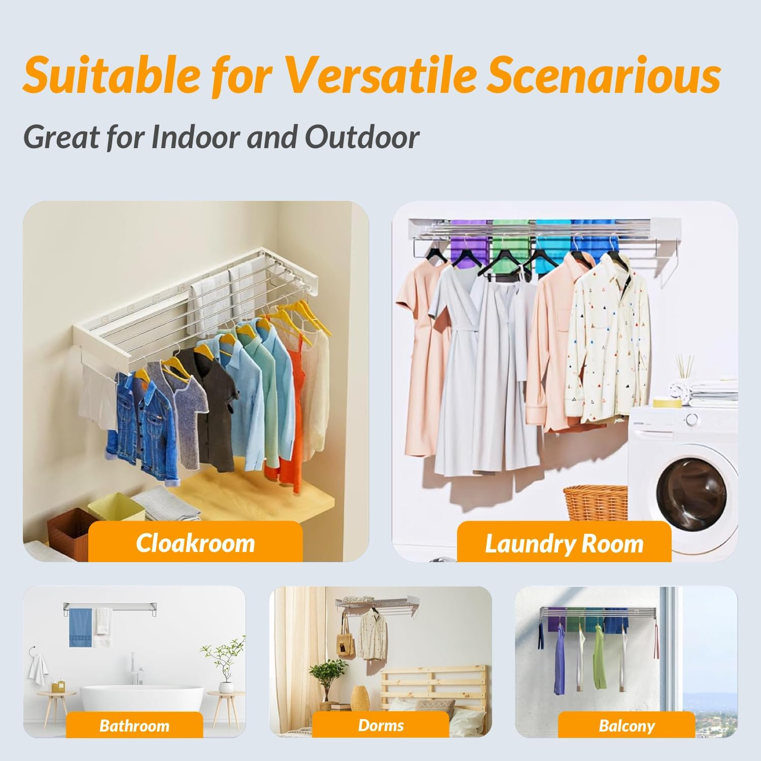 Hormes Wall Mounted Clothes Drying Rack 100CM, Foldable Indoor Clothes Line & Laundry Drying Rack with 5 Stainless Steel Rods, with 2 Towel Handles & Wall Template, 50KG Capacity for Indoor & Outdoor