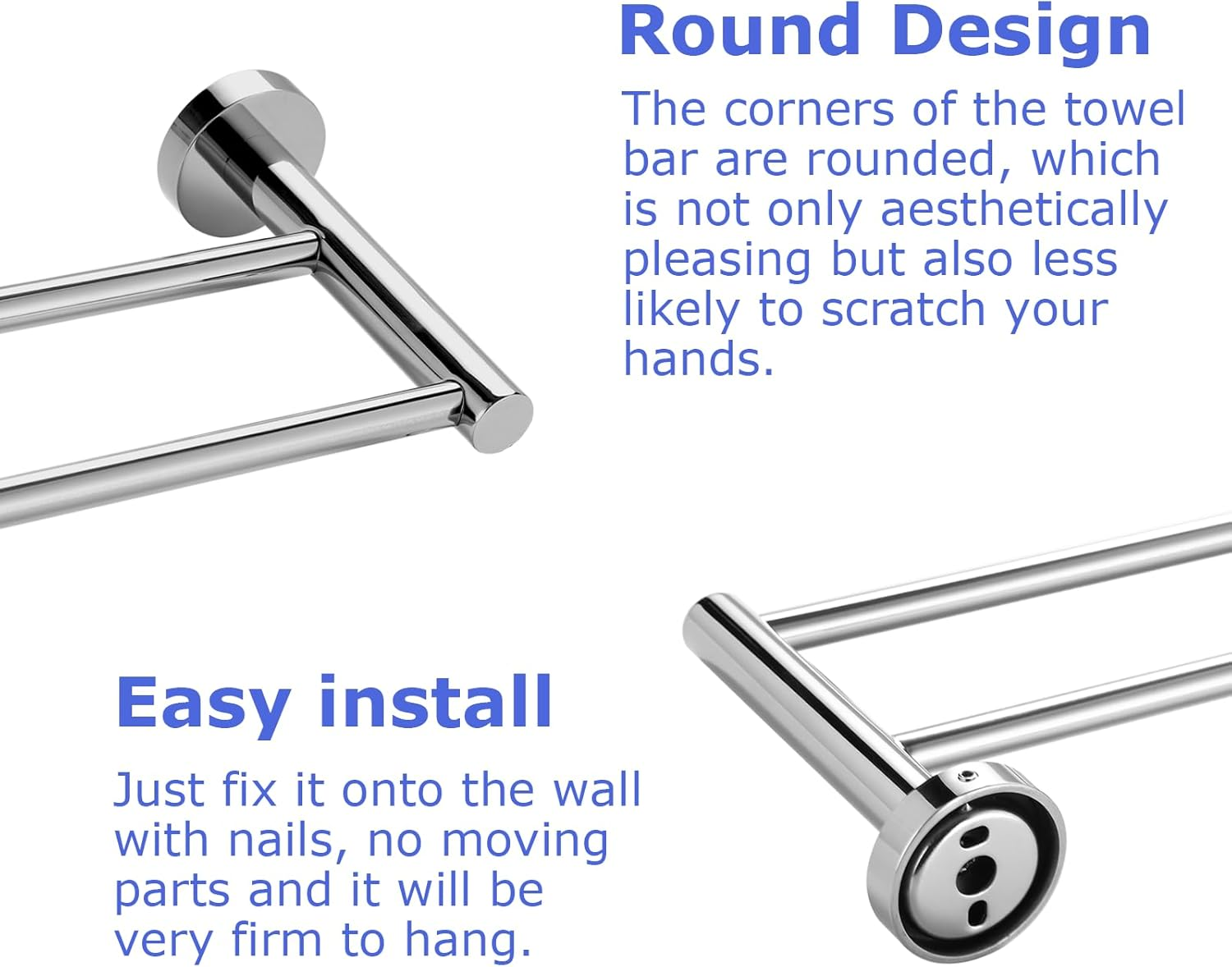 Breikuth Towel Rail Rack Holder Wall Mount 304 Stainless Steel Bathroom Chrome (Type 2: Double Rails 600Mm) image number 6