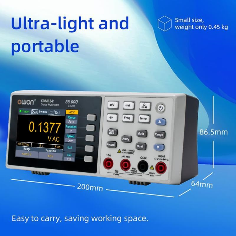 OWON XDM1241 Mini Battery Benchtop Digital Multimeter, 3.7In LCD Desktop Digital Multimeter True RMS Temperature Tester Meter image number 3