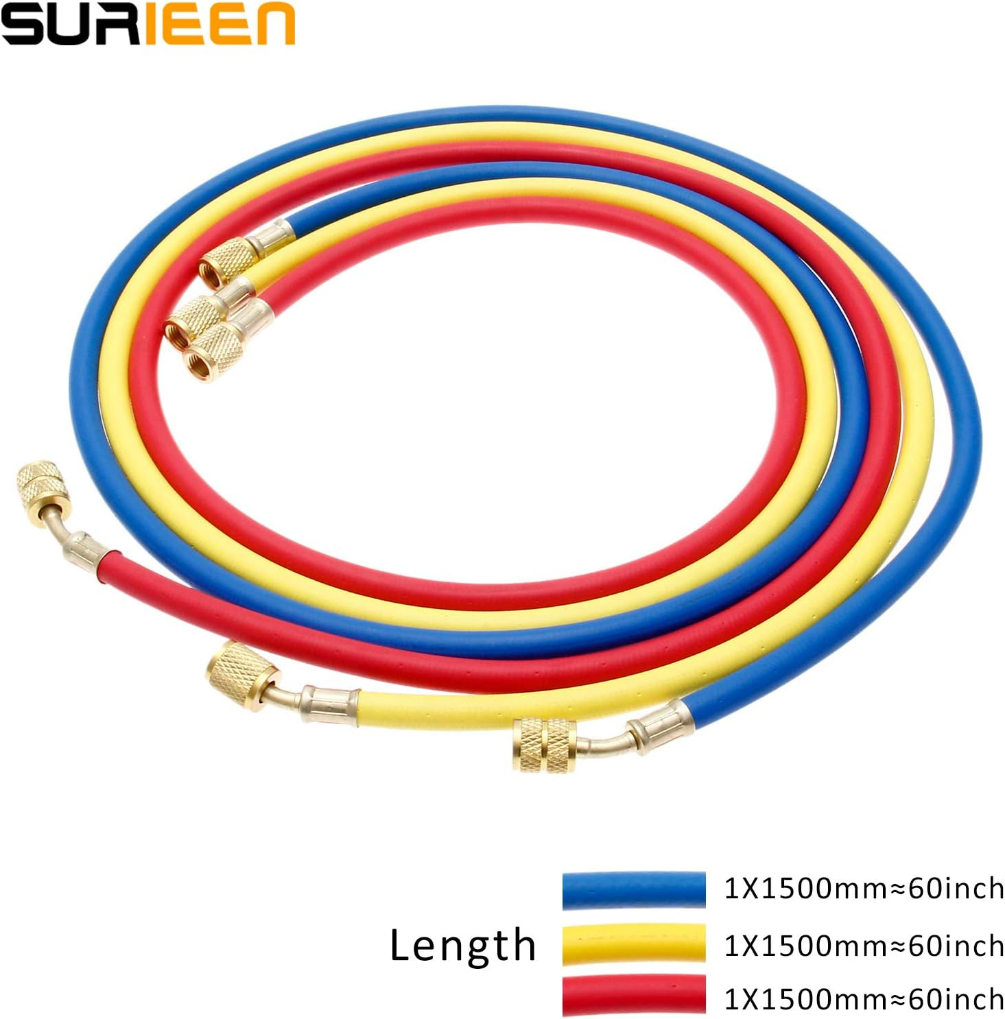 R410 Refrigerant A/C Charging Hose Tube Set (4000~800) PSI 1/4" SAE-5/16 SAE Thread 60" 5Ft 3 Colors, Fits for HVAC Air Condition R410 R32 Refrigerant Manifold Gauge, Set of 3