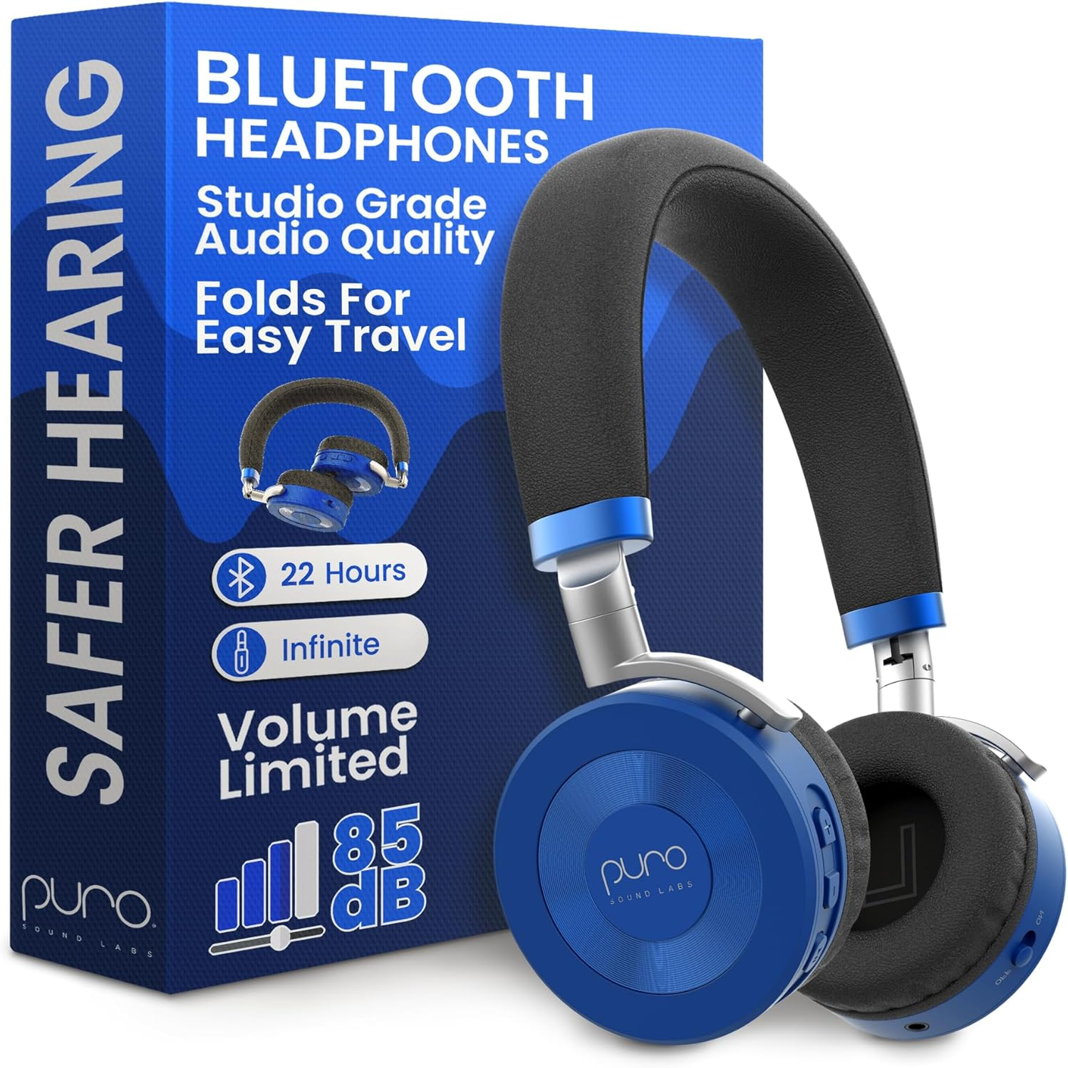 Puro Sound Labs Juniorjam plus Volume Limiting Headphones for Kids, Safer Audio to Protect Hearing- Adjustable Bluetooth Headphones for Tablets, Smartphones, Pcs- 22-Hour Battery Life-Blue