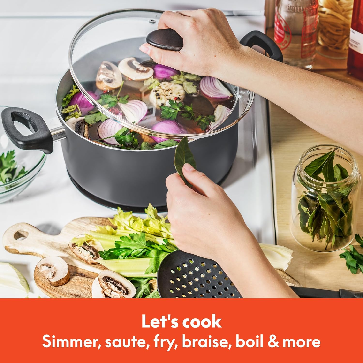 BELLA Nonstick Cookware Set with Glass Lids - Aluminum Bakeware, Pots and Pans, Storage Bowls & Utensils, Compatible with All Stovetops, 21 Piece, Black - Black image number 6