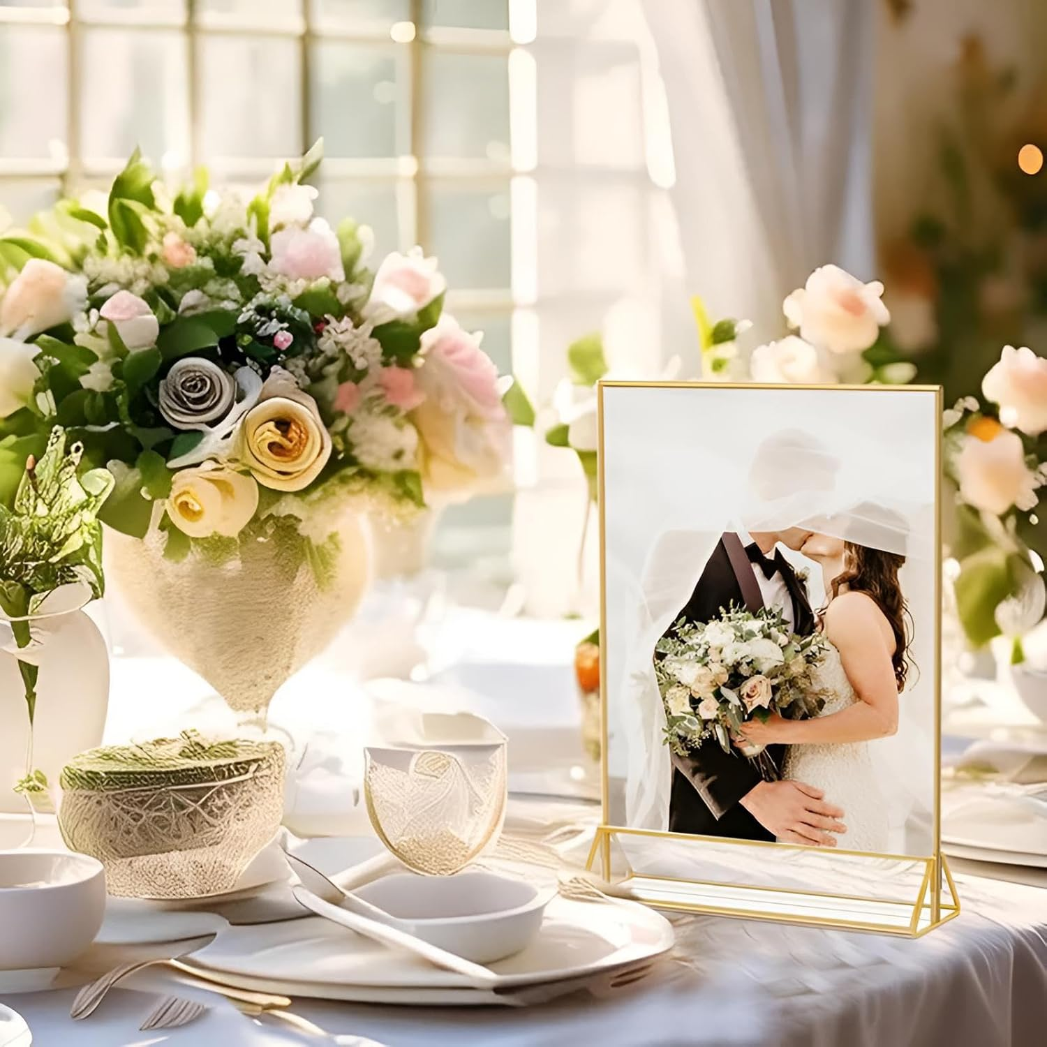 6 Pack A5 Gold Border Acrylic Sign Holders, Table Number Holders for Wedding, Double Sided Menu Display Stand, Poster Picture Frame, Clear Tabletop Holder for Store Restaurant Party Office image number 3