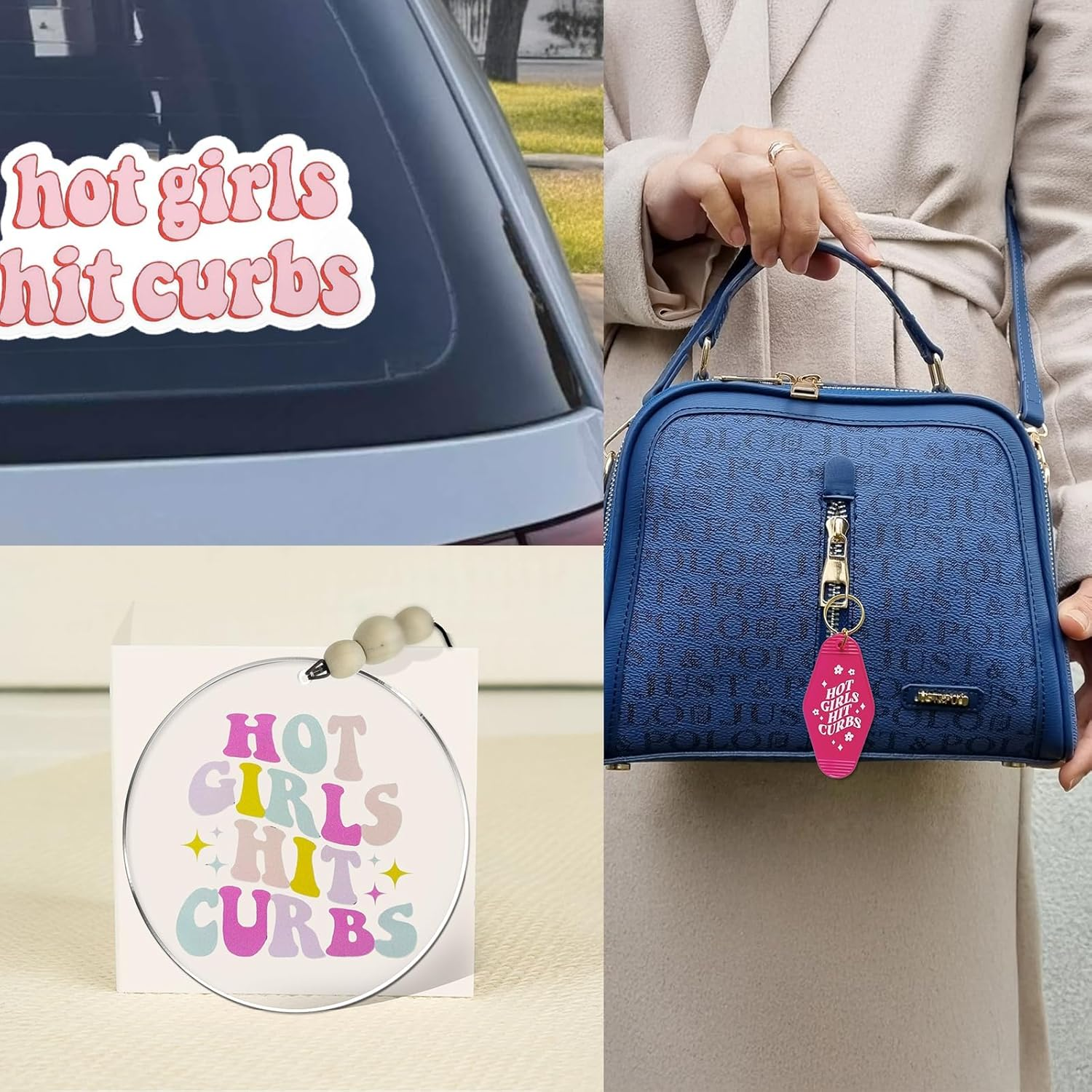 3PCS Hot Girls Hit Curbs Car Sticker & Quote Beaded Rear View Mirror and Pink Keychain, Cute Car Accessories for Genz Ladies Driver, Stickers Fit for Cars and Laptops image number 2