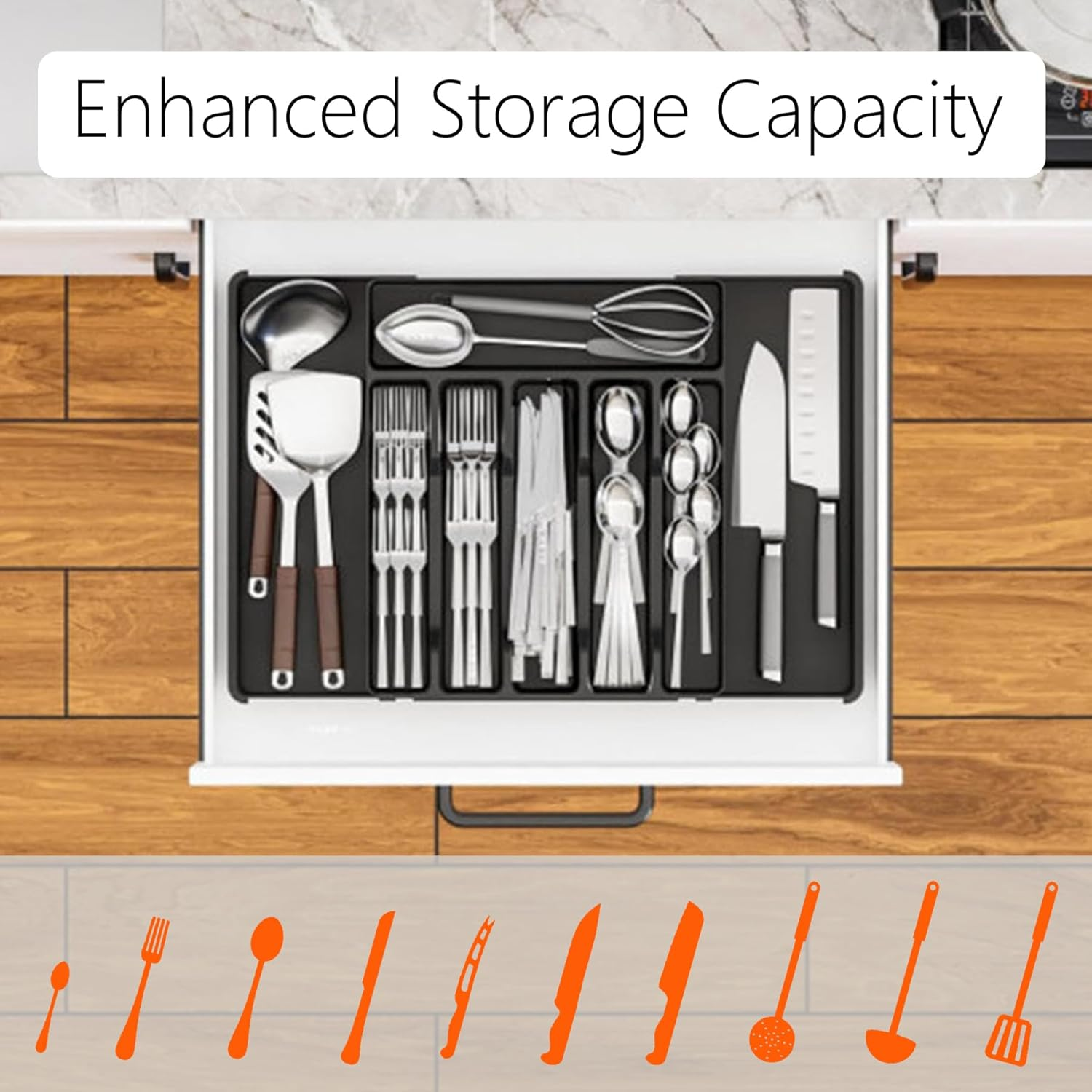 IGGDOQI Cutlery Drawer Organiser, Silverware Organiser for Kitchen Drawers with 9 Compartments, 3 Sided Expandable Utensil Tray, Adjustable Flatware Tray for Spoons Forks Knives (Large-Black) image number 6