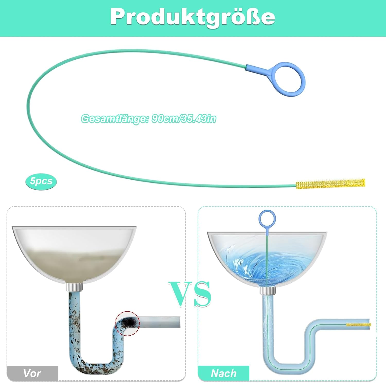 Pack of 5 Drain Cleaner Spiral, Unbreakable Stainless Steel Drain Cleaner Sticks, Flexible Pipe Cleaning Brush, Pipe Brush for Bathroom, Plug-In Hole, Kitchen, Drain Cleaner and Hair Catcher For image number 5