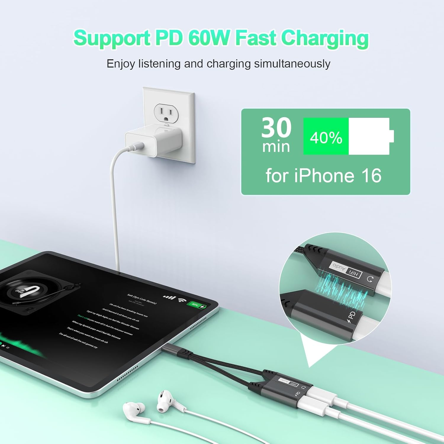 Magnetic USB C to Dual USB C Headphone Jack and Charger Adapter, 2-In-1 USBC Splitter with PD 60W Fast Charging, Type C Aux Audio Jack Adapter Compatible with Iphone 16 15 Pro Max/Ipad/Samsung image number 3