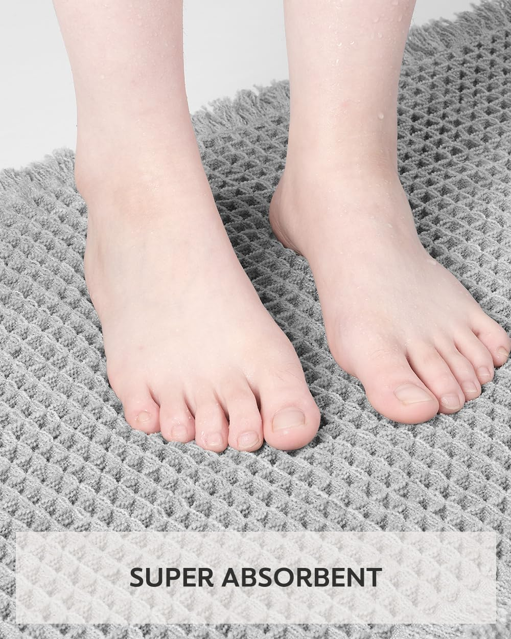 Upgraded Waffle Bath Mat 18" X 30", Super Absorbent Washable Non Slip Bath Rug Mats for Bathroom Floor, Extra Soft anti Slip Bath Room Mat with Tassels for Tub, Sink, Toilet, Quick Dry, Light Grey image number 6