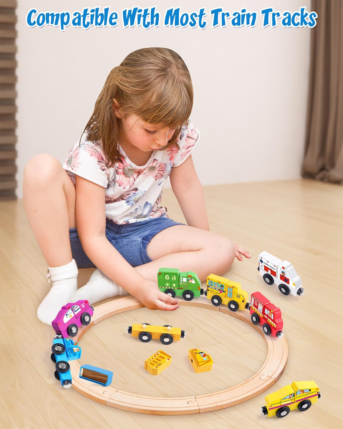 Vanmor Wooden Car Vehicle Set, 8 PCS Magnetic City-Themed Train for Toddlers, Montessori Fine Motor Skills Educational Toy for Kids Aged 3 for Imaginative Play and Development image number 4