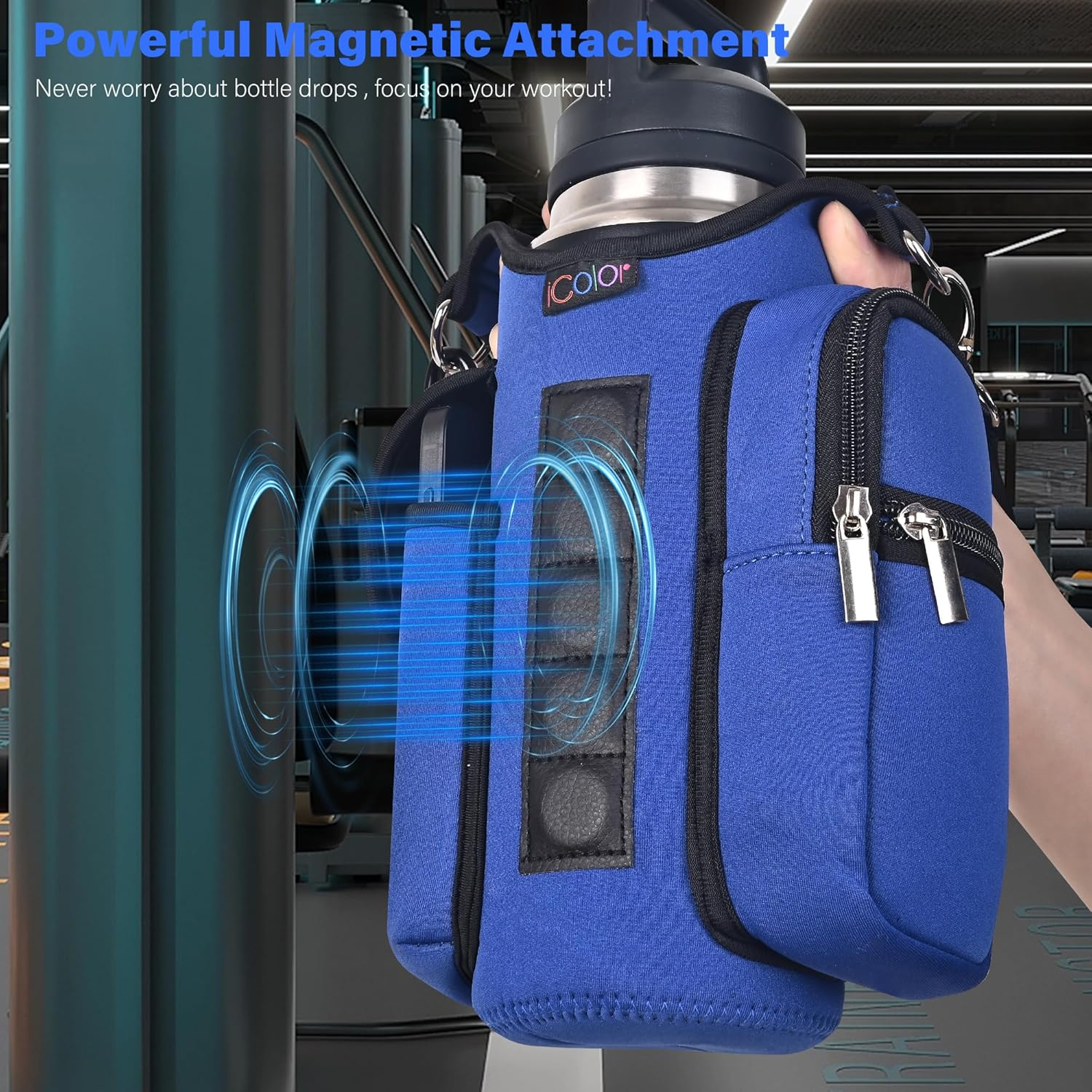 Icolor Magnetic Gym Bag Water Bottle Carrier Holder with Phone Pockets & Shoulder Strap,Gym Magnetic Bag 5 Built-In Magnets Gym Accessories Organizer Bottle Pouch Sleeve - Grey image number 7