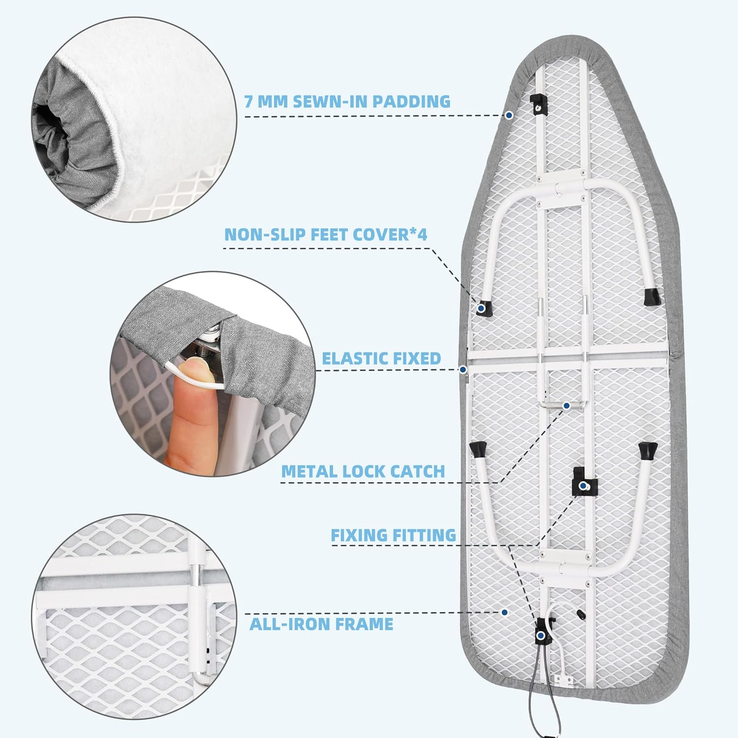 STORAGE MANIAC Tabletop Ironing Broad, All Iron Mini Folding Ironing Broad with 2 Removable Cover, Portable Small Ironing Broad with 7 Mm Thick Pad for Laundry Room, Apartment, Dorms - Silver & Blue - Silver  Blue image number 2