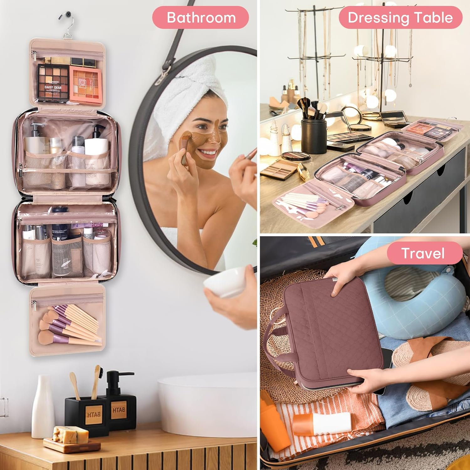 HXLGMD Travel Toiletry Bag with Hanging Hook, Rosewood, Medium image number 6