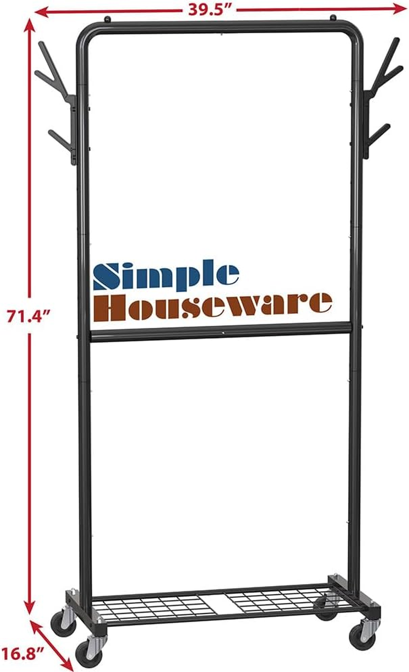 Simple Houseware 100-Cm Double Rod Clothes Rack with Wheels, Hooks and Wired Shelf, Black image number 6