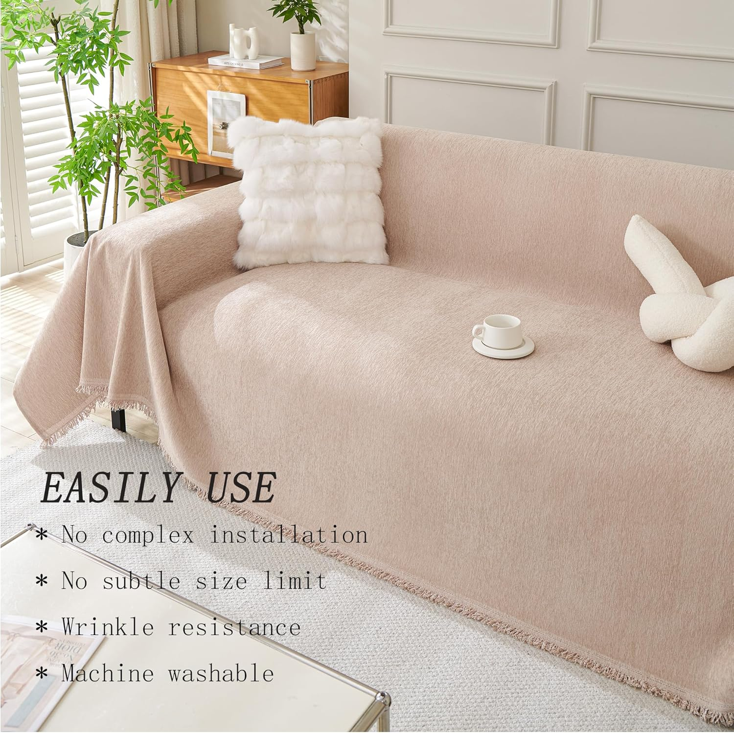 Couch Covers for Dogs, Chenille Sofa Cover,L-Shape Sofa Slipcovers - Washable Sectional Protector, Non-Slip Furniture Covers with Tassel, Boho Style Pet-Friendly (Khaki, L(180Cm*300Cm)) image number 2