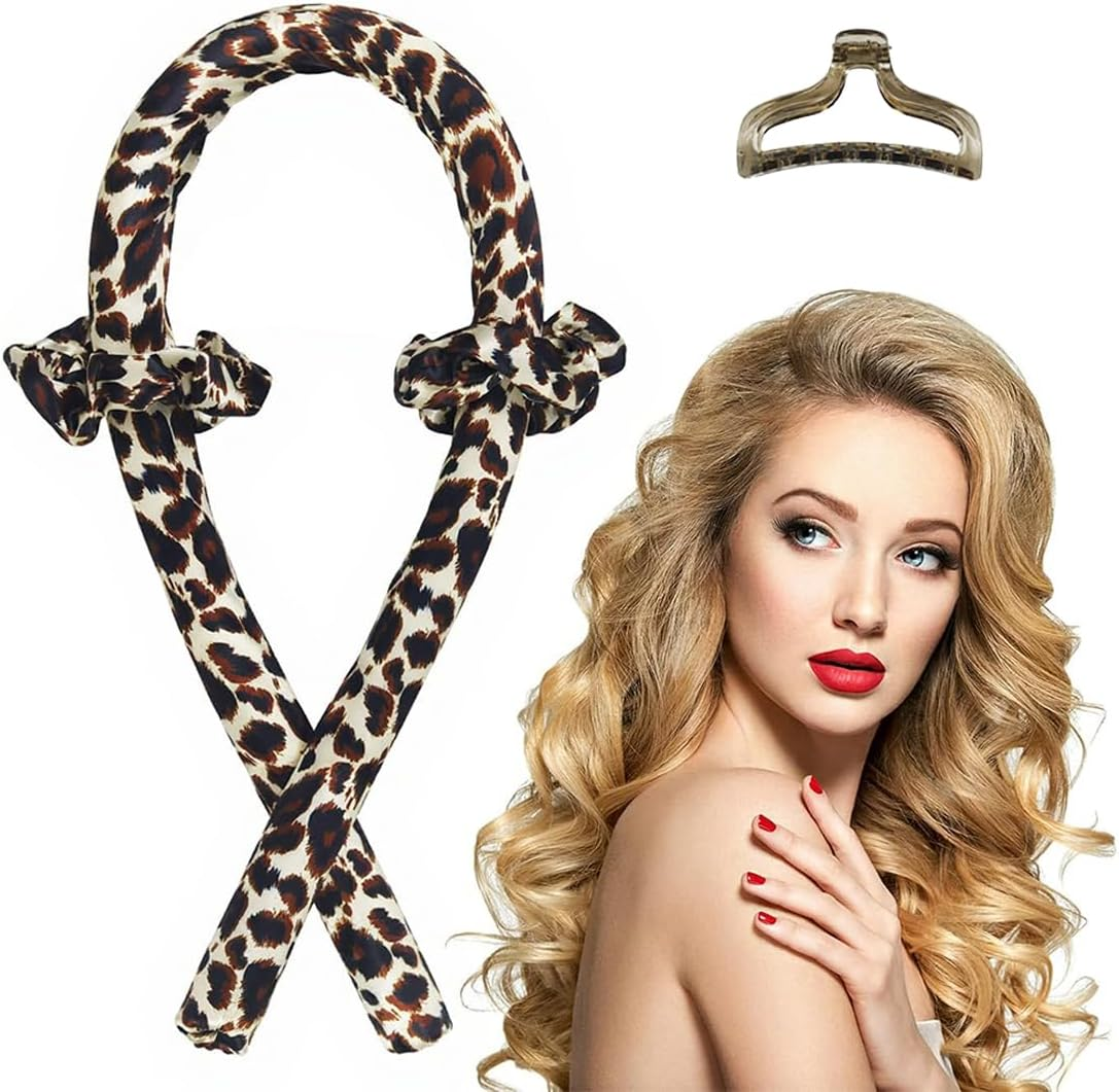 Heatless Curls, Overnight, Curls without Heat, Silk Heatless Curls Band Curler Overnight, Hair Curler DIY Hair Curling Band Hairstyle Set for Long Medium Hair (Leopard Print) image number 4