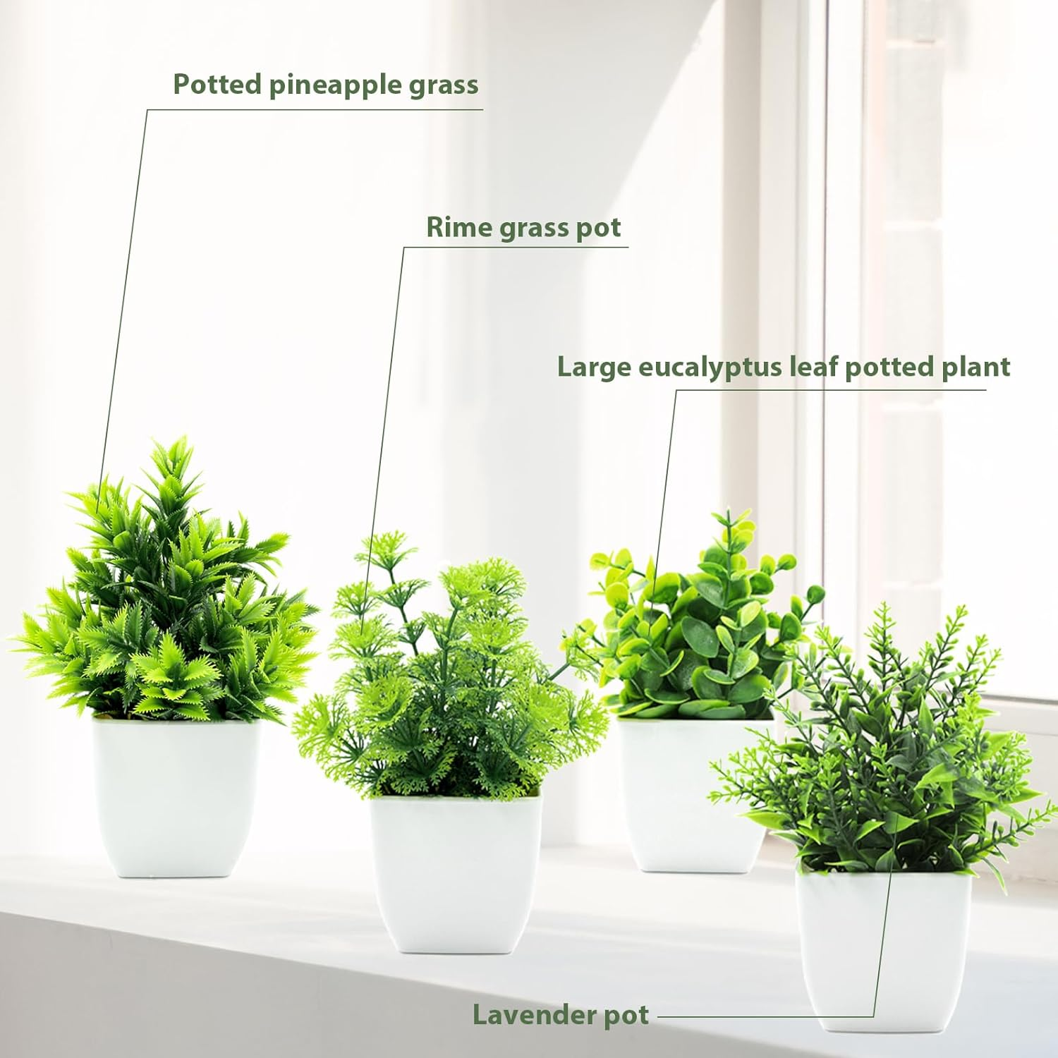 4Pcs Small Pack Fake Plants in Pots Artificial Eucalyptus Plant Mini Potted Faux Plants Indoor Small Plastic Lavender in Pots for Table Desk Bathroom Bedroom Office Home Farmhouse Decor