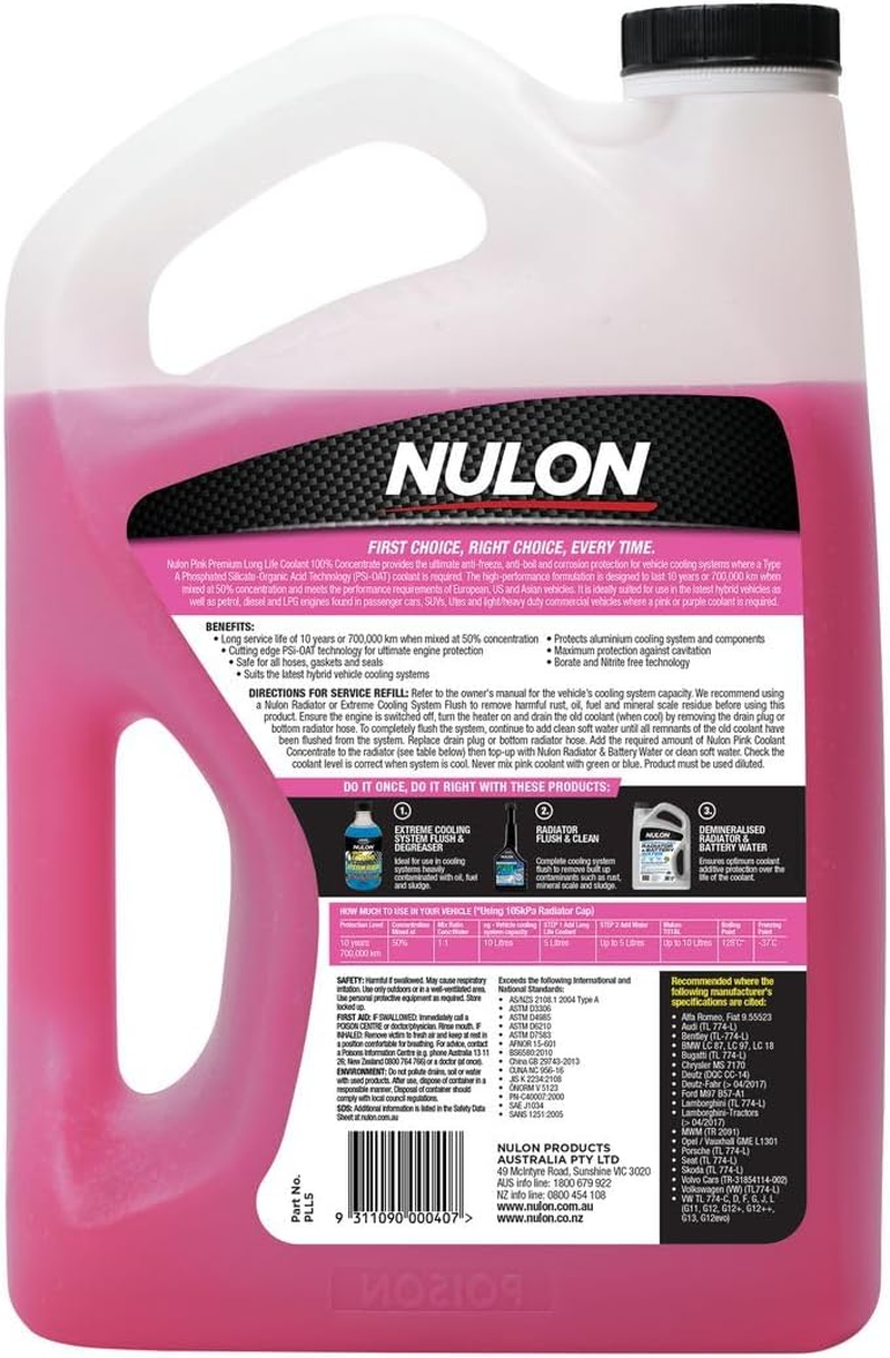 Nulon Pink Premium Long Life Coolant 100% Concentrate 5L PLL5